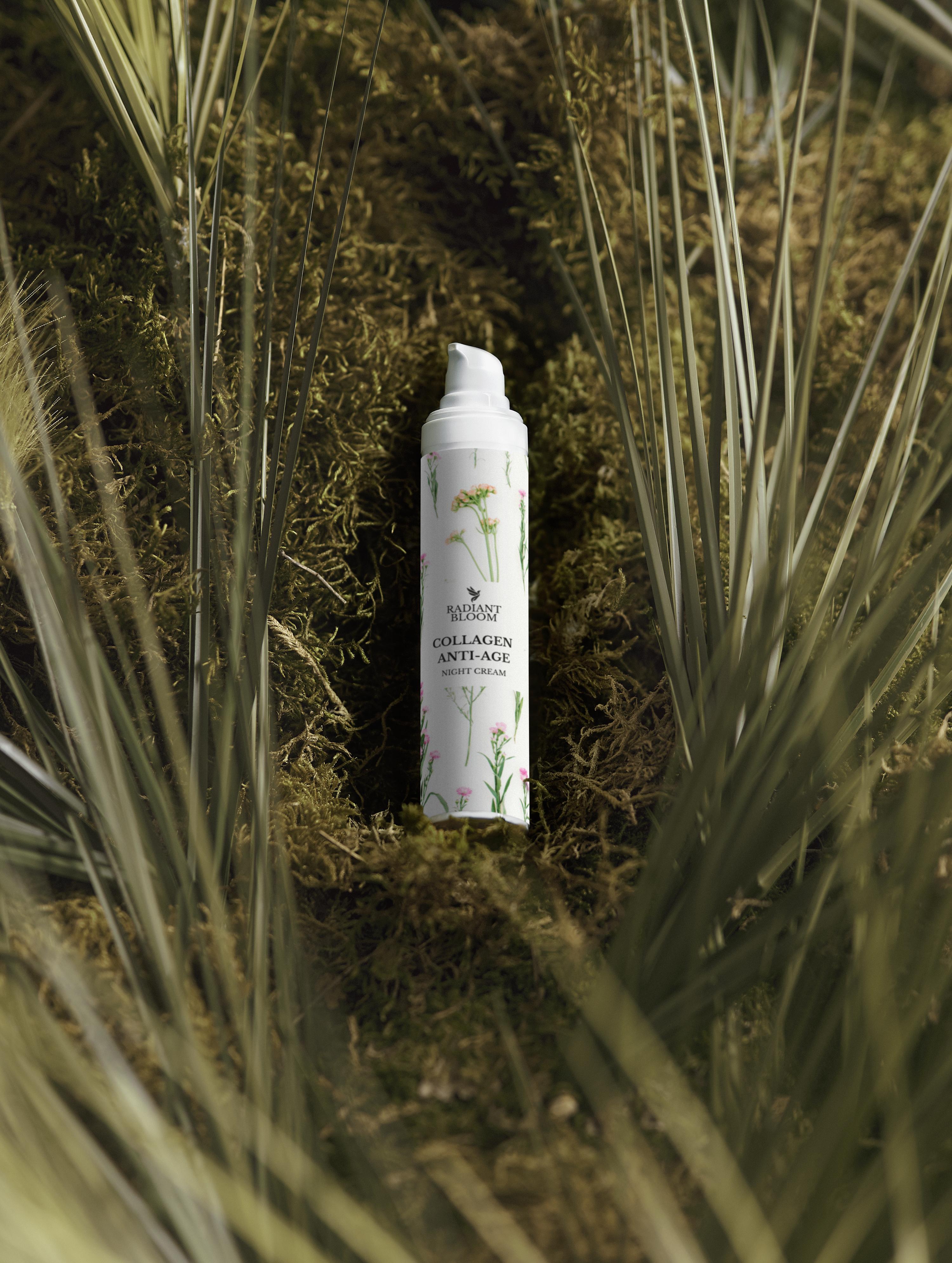 Radiant Bloom collagen anti-age night cream pump bottle in green plant leaves, 50ml