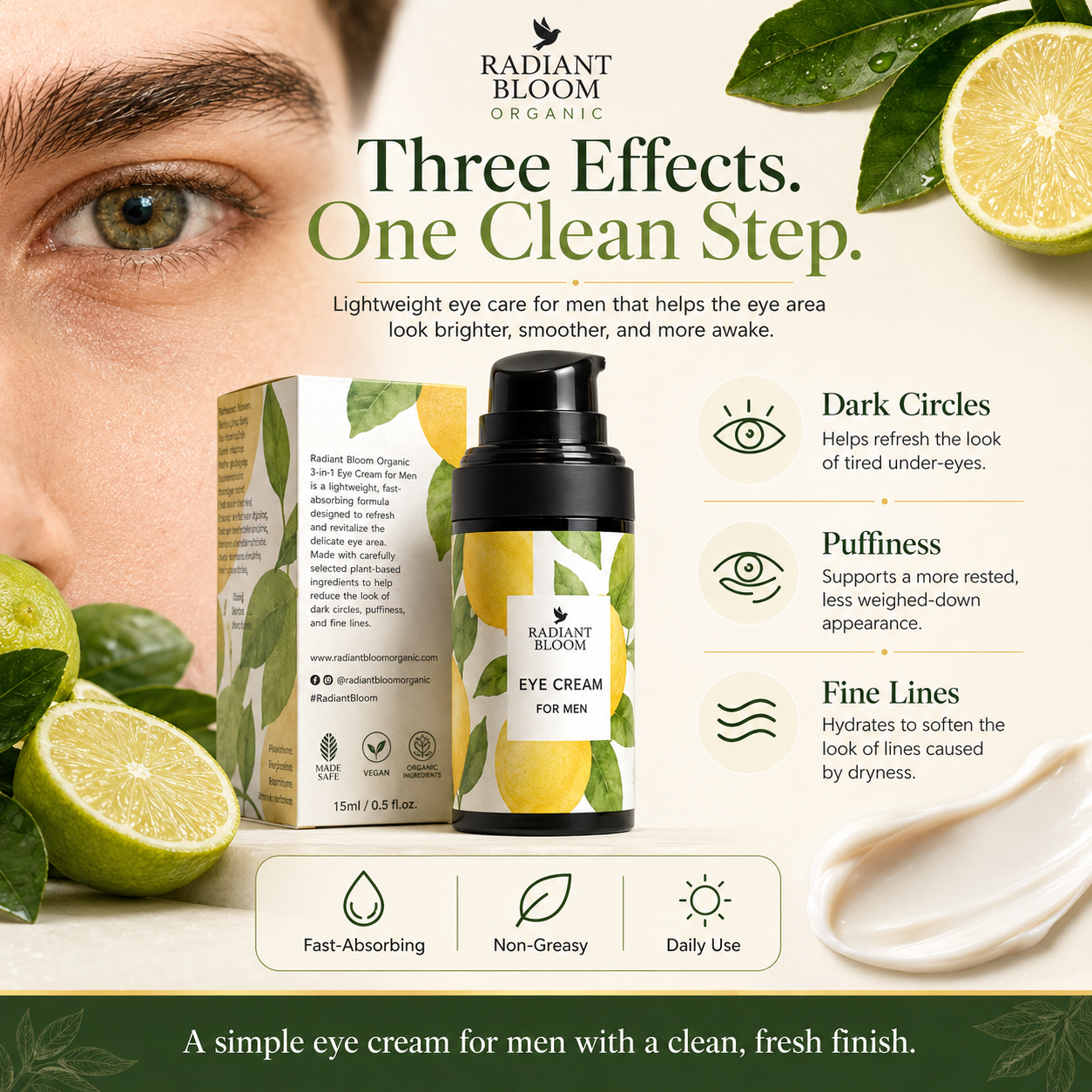 Radiant Bloom Organic eye cream for men with packaging and lime slices on a light background
