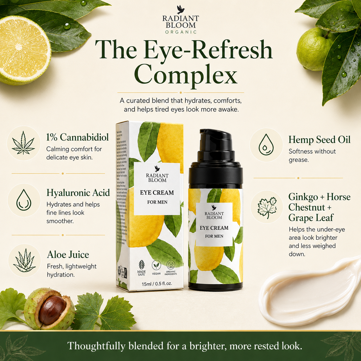 Radiant Bloom Organic Eye Cream for Men with ingredients listed on a light background