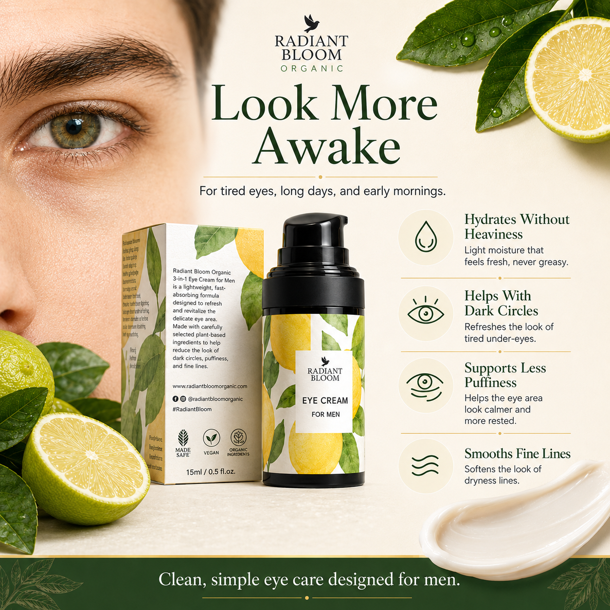 Radiant Bloom Organic eye cream for men with packaging, lemon slices, and green leaves on a light background.