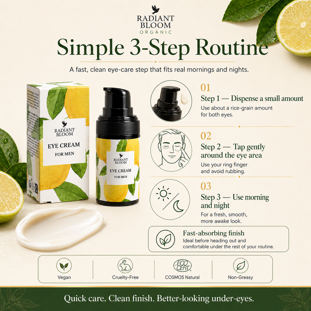 Radiant Bloom Organic eye cream for men with packaging, ingredients list, and usage instructions on a light background.