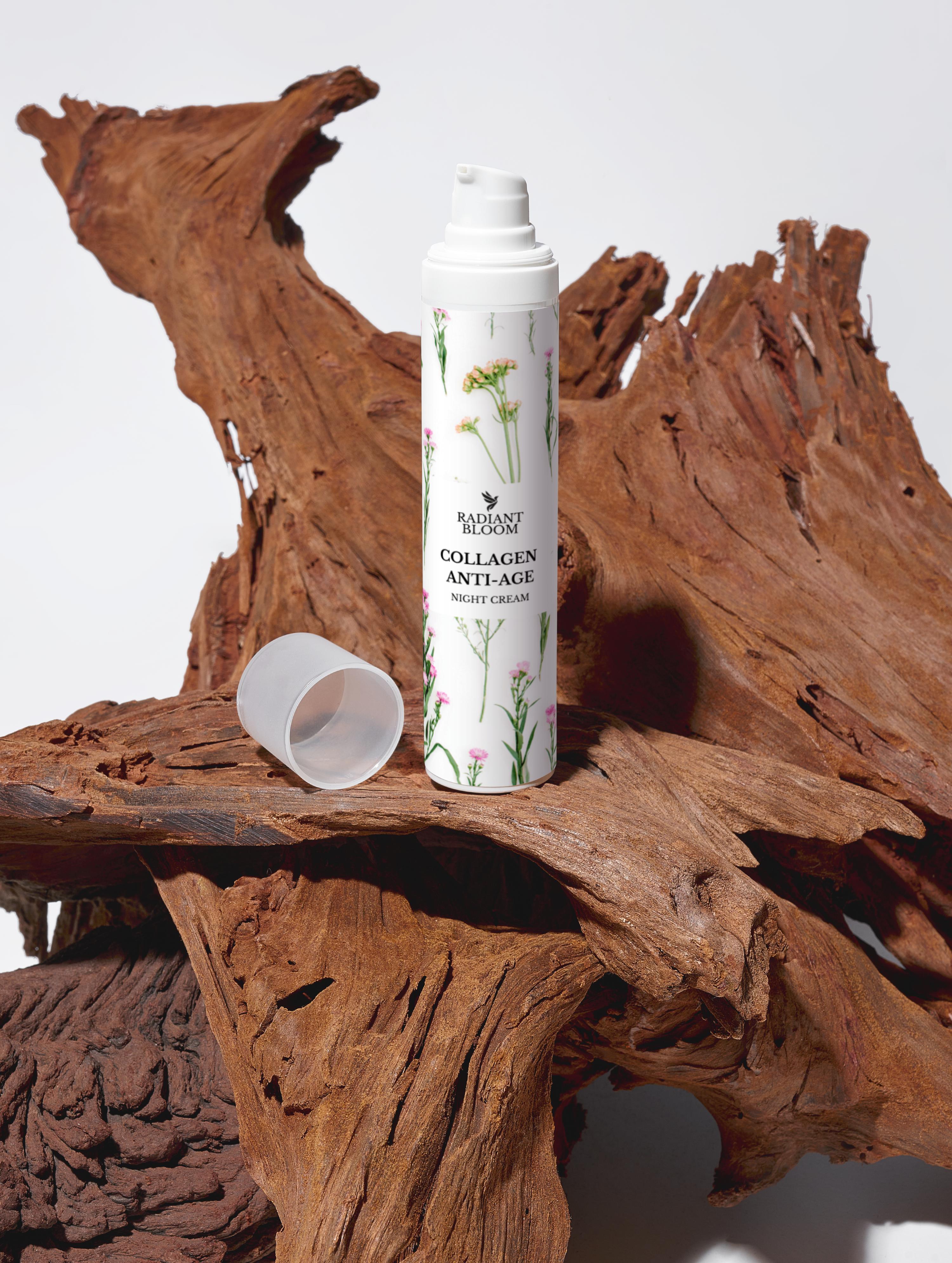 Radiant Bloom collagen anti-age night cream pump bottle on wooden log, 50ml