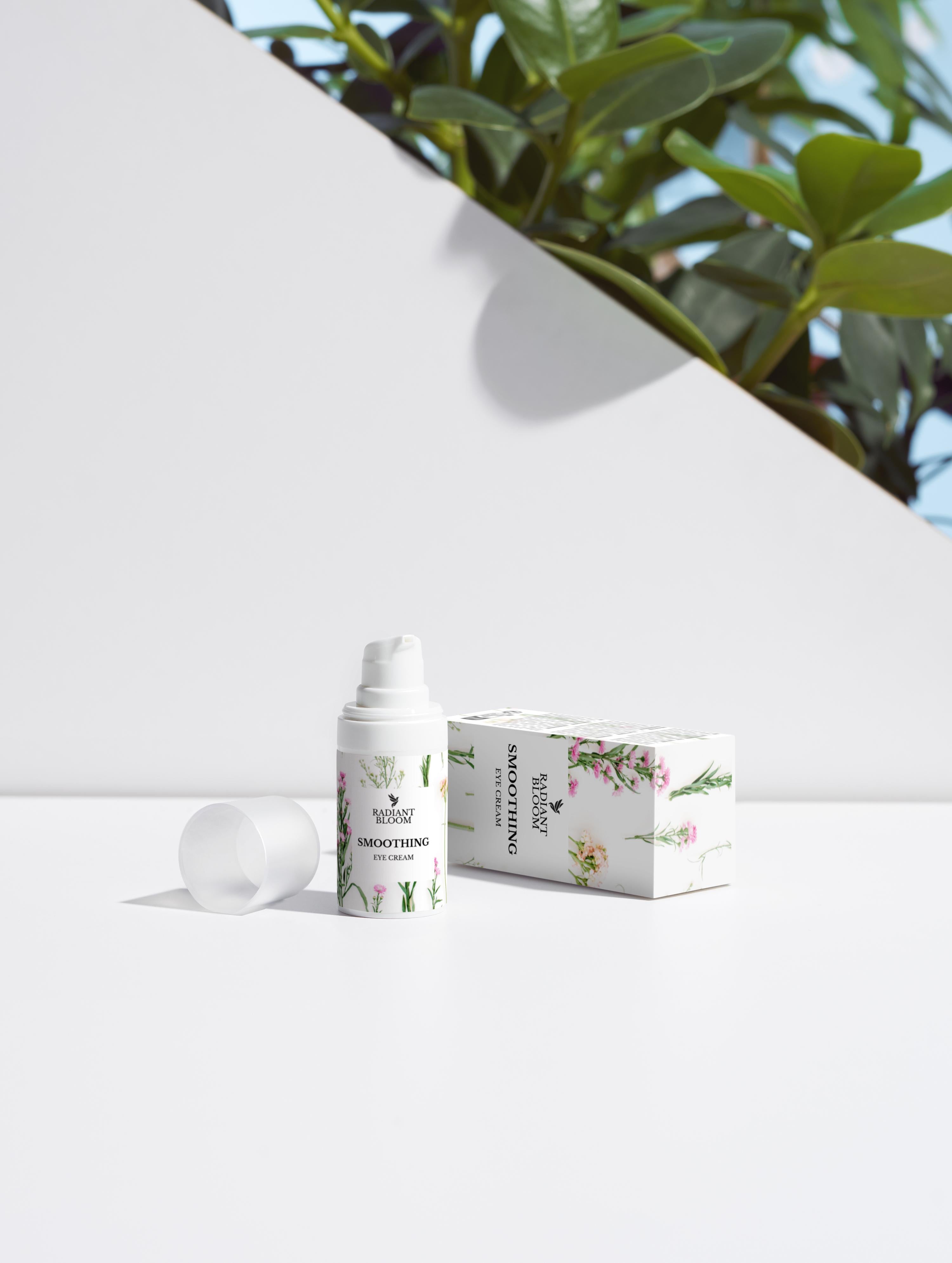 Smoothing eye cream bottle with pump, loose cap, and boxed packaging