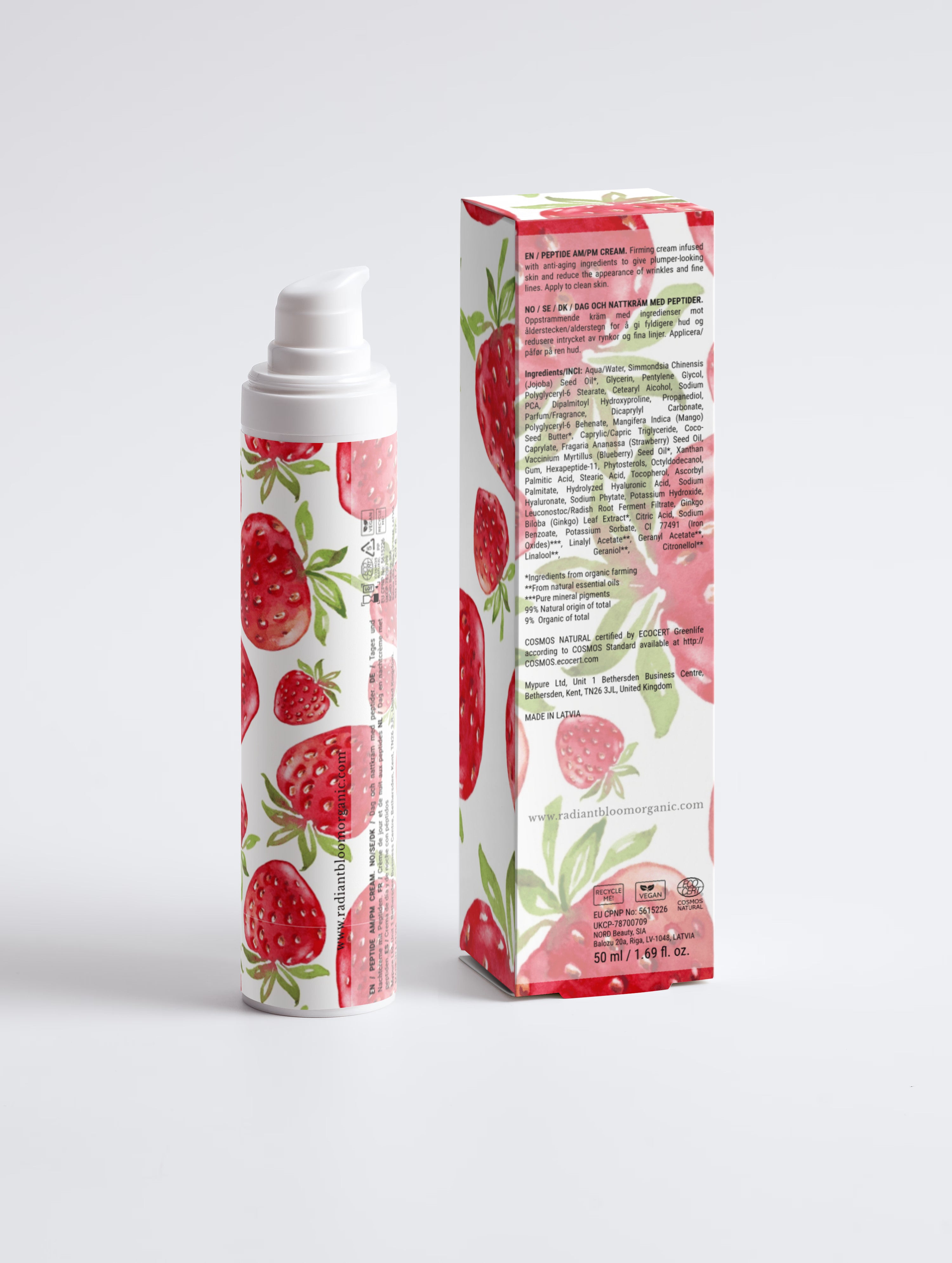 A strawberry-themed cosmetic pump bottle and its matching retail box, both decorated with a red strawberry and green leaf pattern on a white background, set against a light gray studio backdrop.