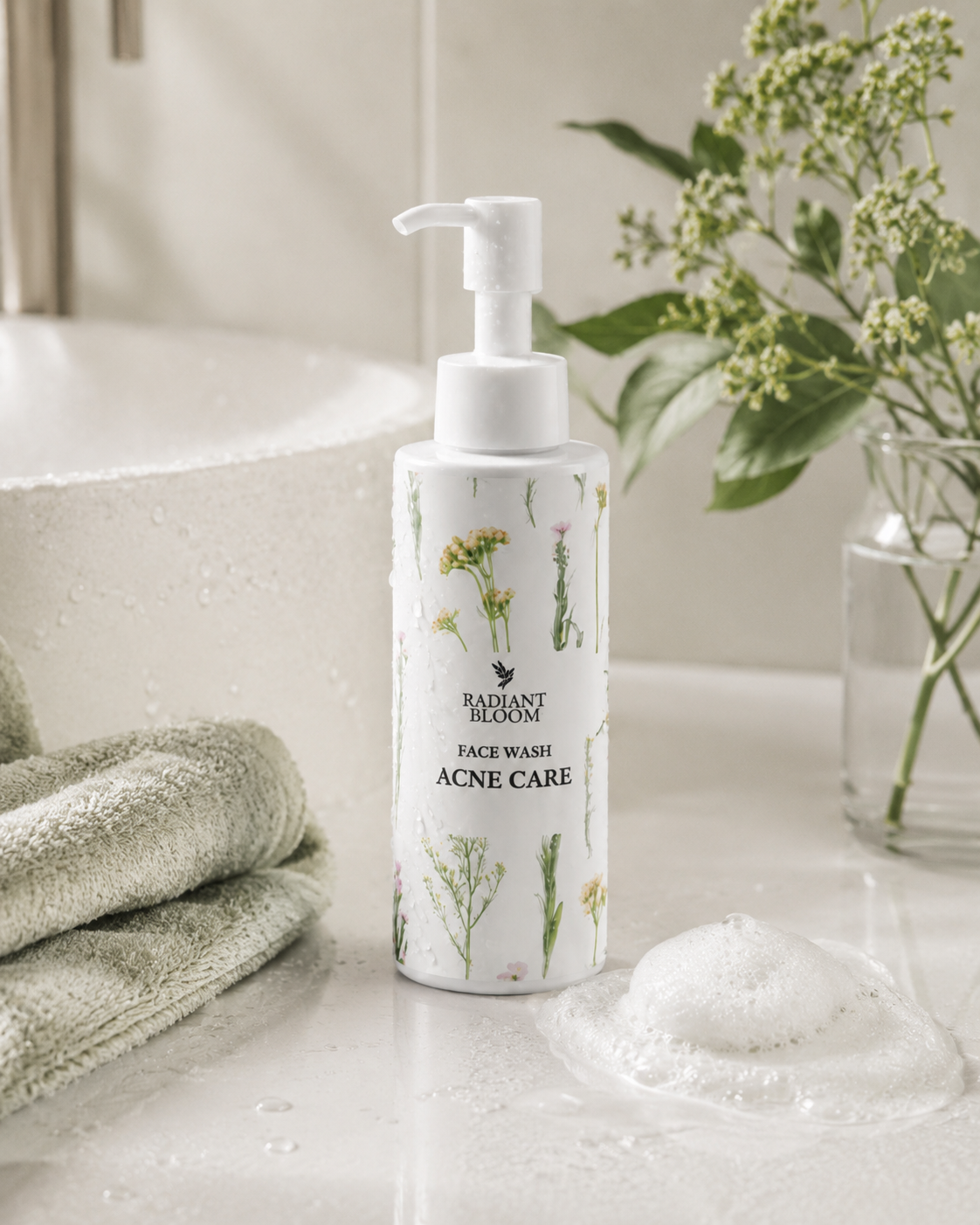Acne care face wash bottle on a bathroom counter with flowers and towels in the background