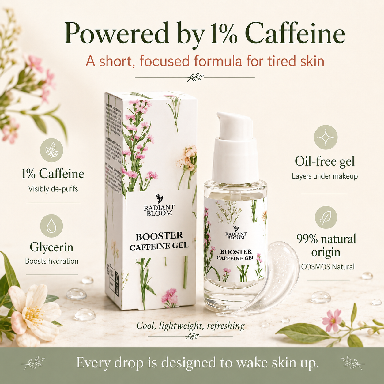 Radiant Bloom Booster Caffeine Gel with packaging on a light background with flowers.