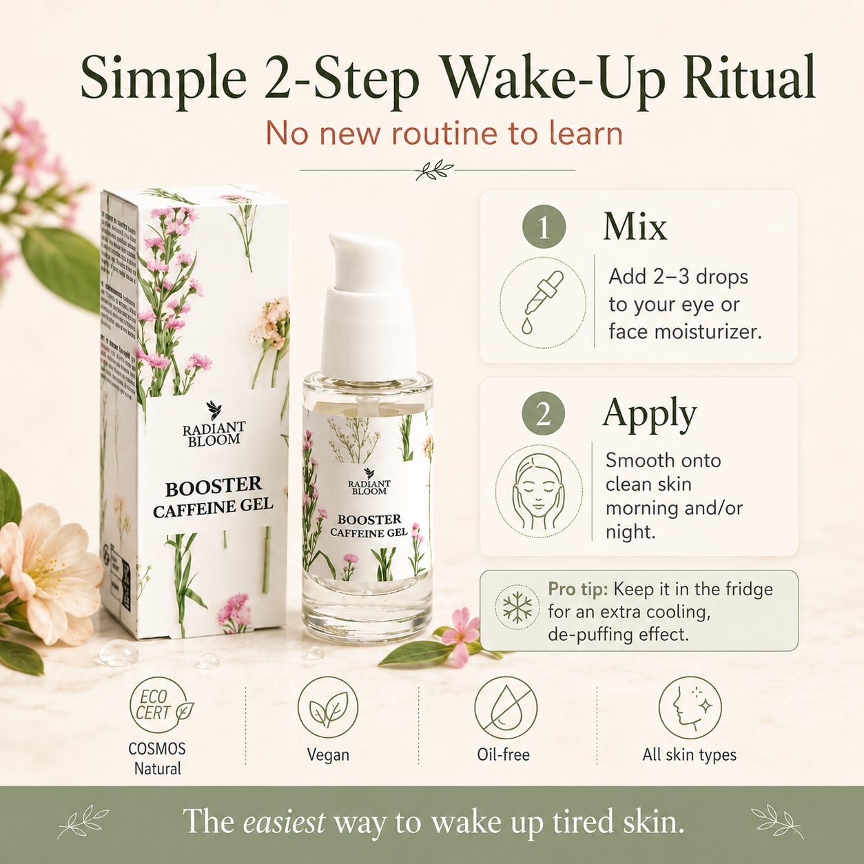Radiant Bloom Booster Caffeine Gel with packaging and usage instructions on a floral background