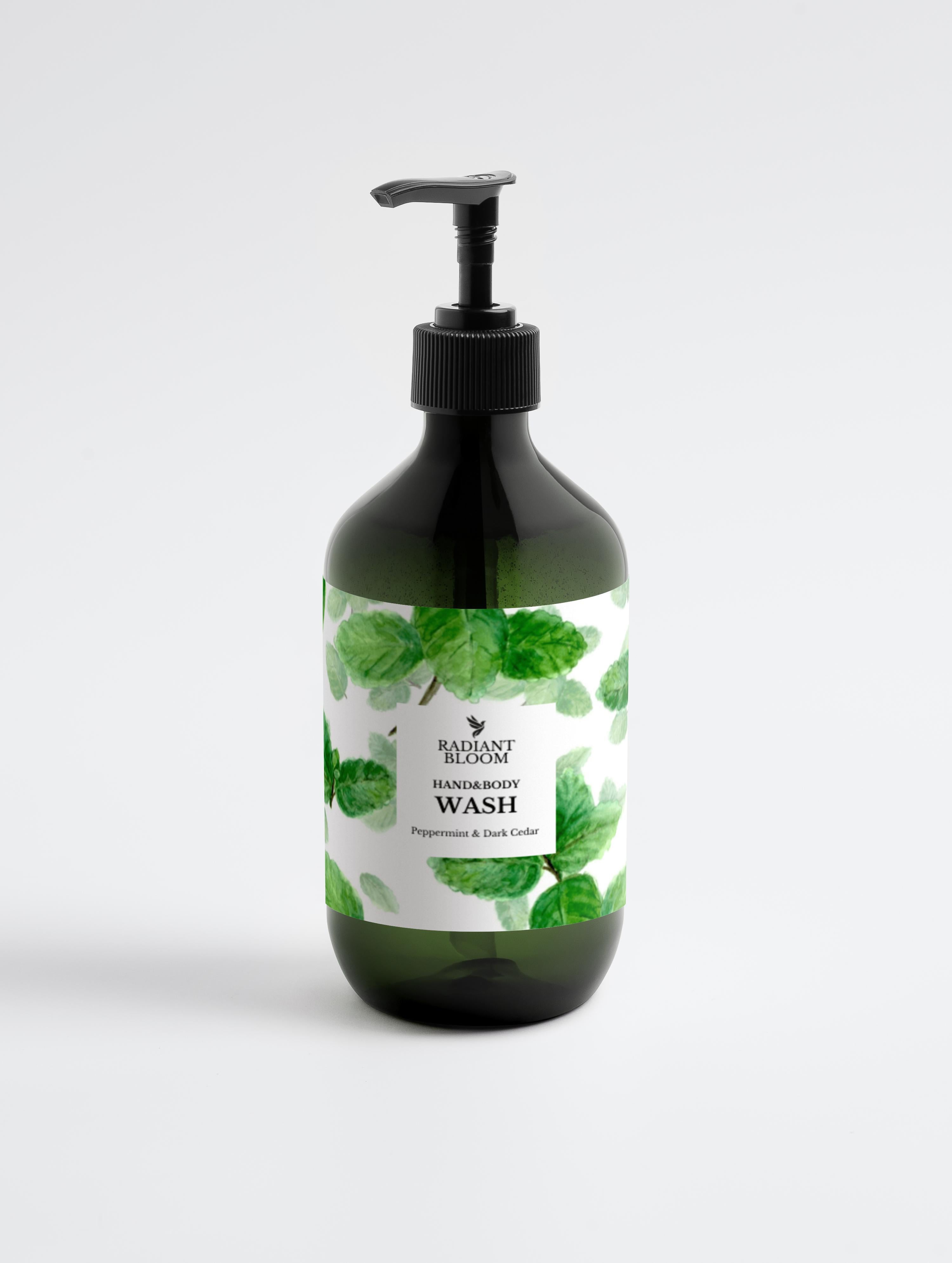 Bottle of hand soap with green leaf design on a white background
