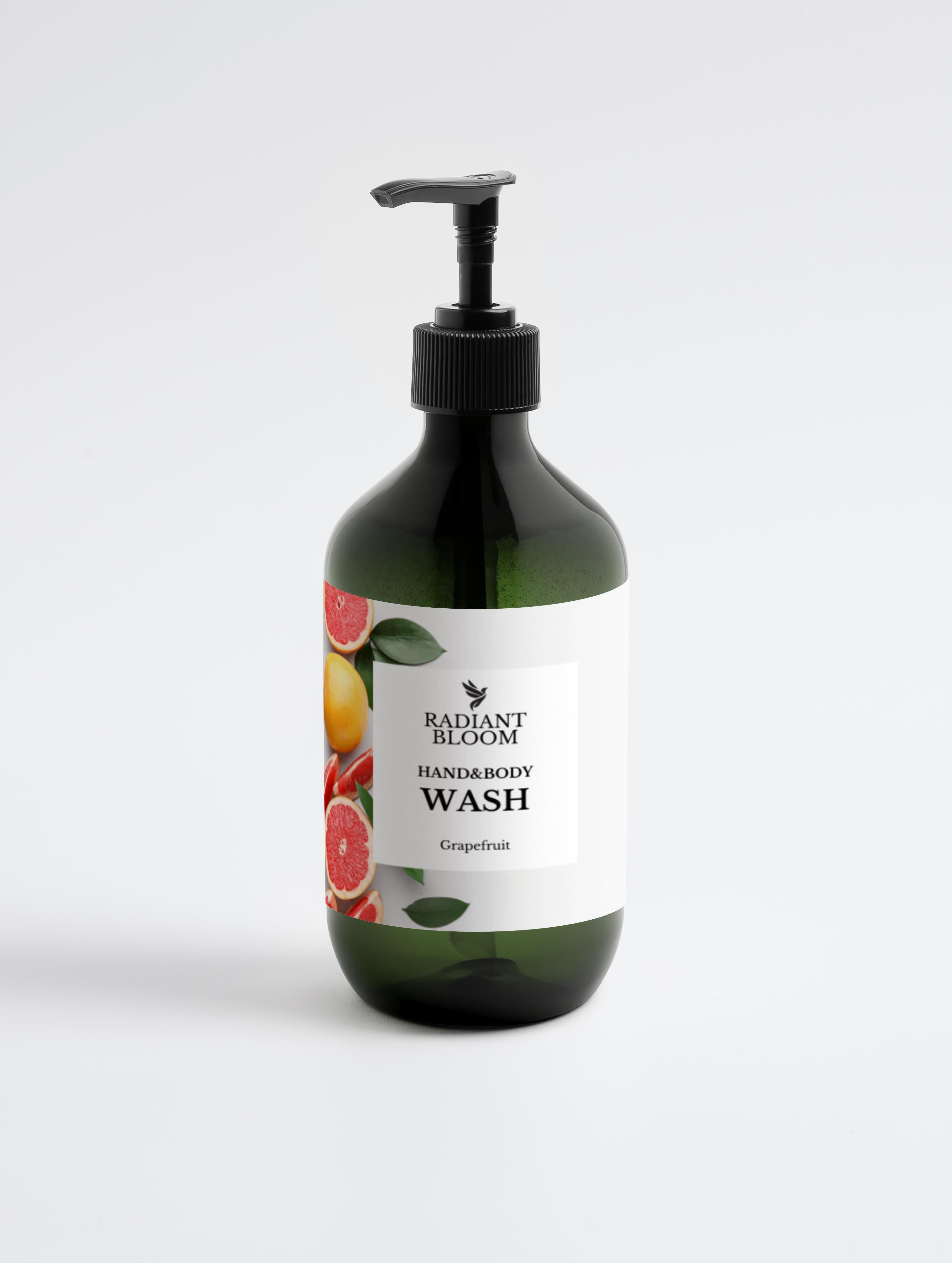 Hand/body wash bottle with a label featuring fruits on a white background