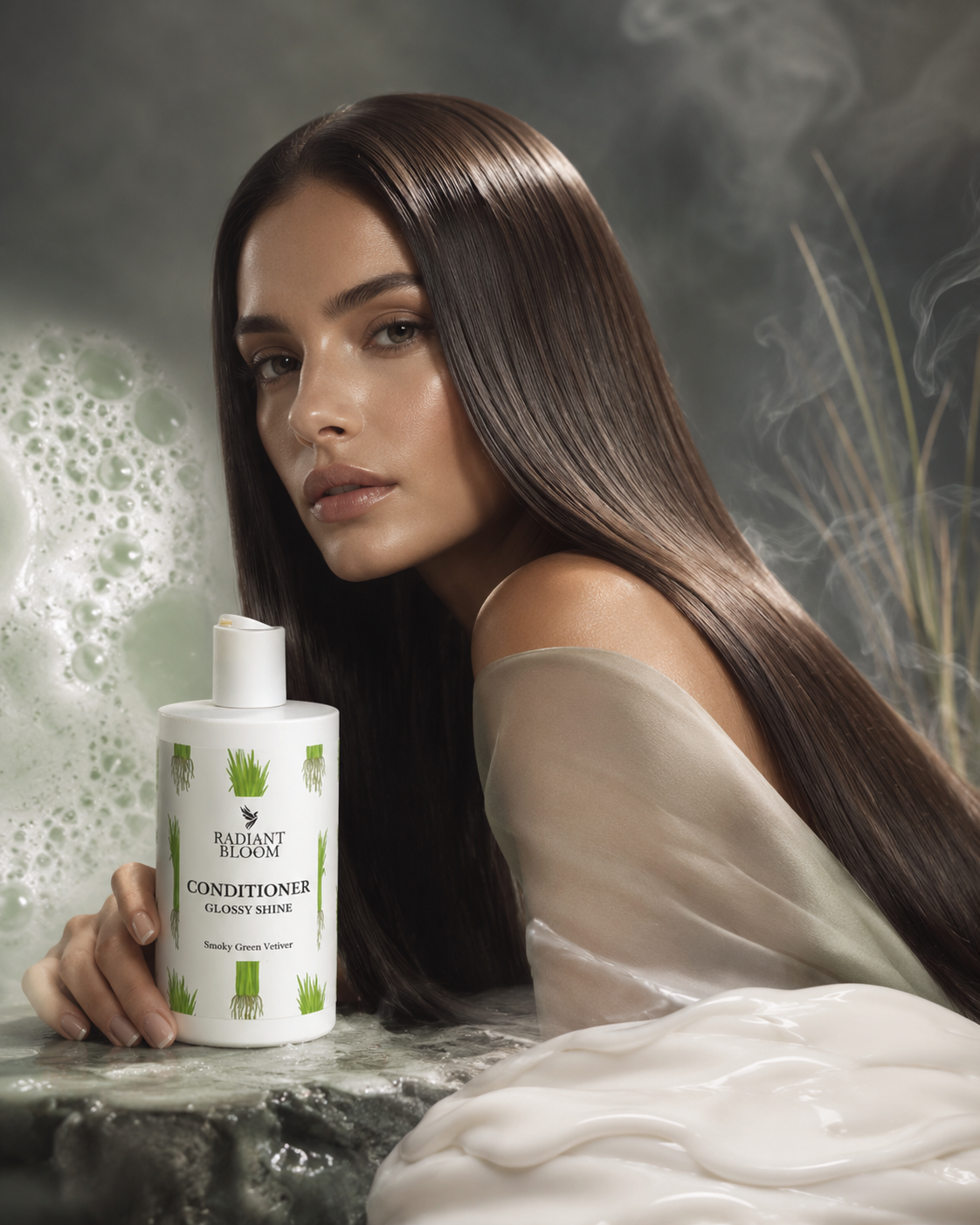 A woman with long, straight brown hair holds a bottle of Brilliant Origins Conditioner. She is wearing a sheer beige top and surrounded by white conditioner foam against a smoky gray background.