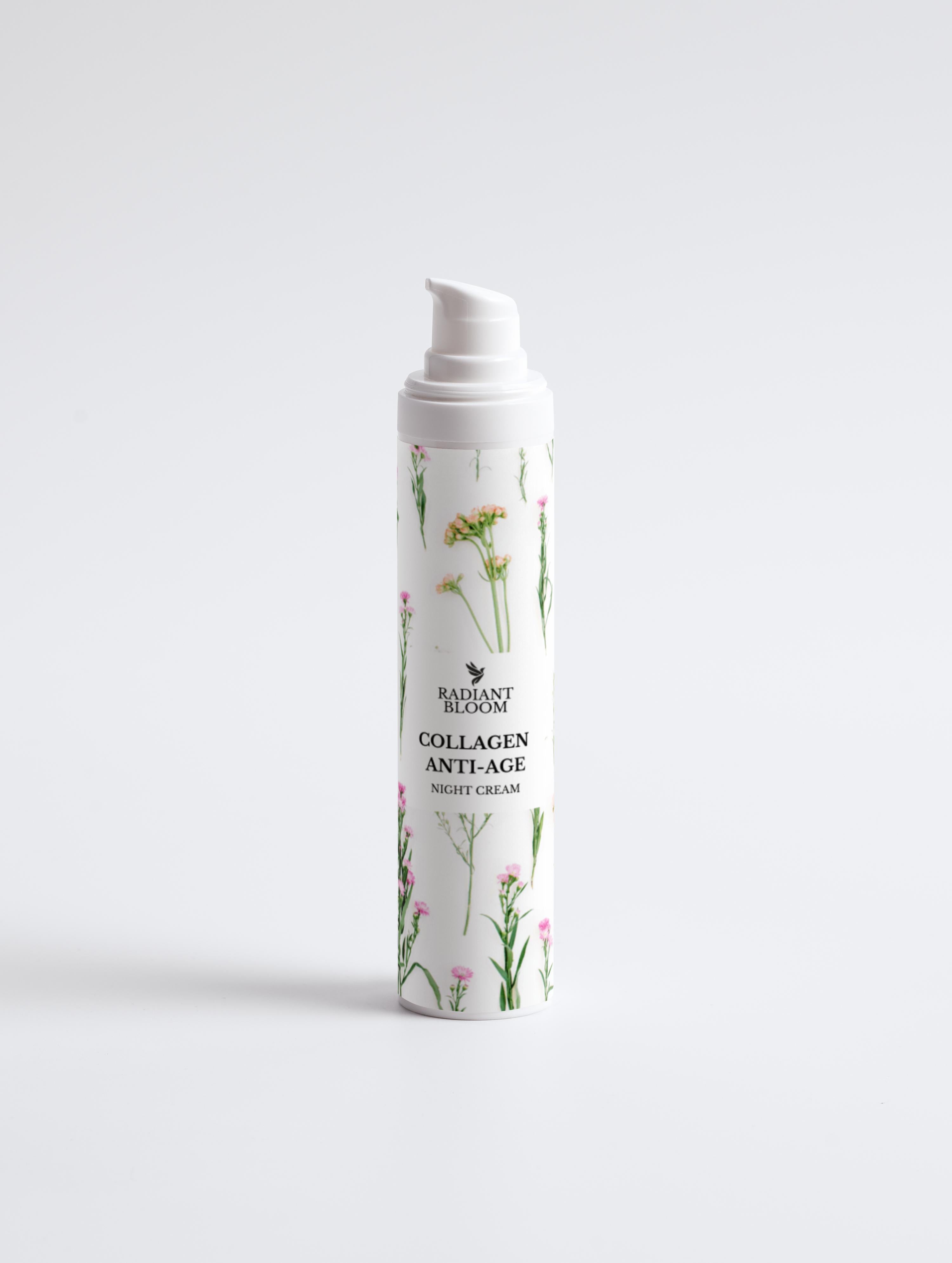 Radiant Bloom collagen anti-age night cream bottle with pump, 50ml