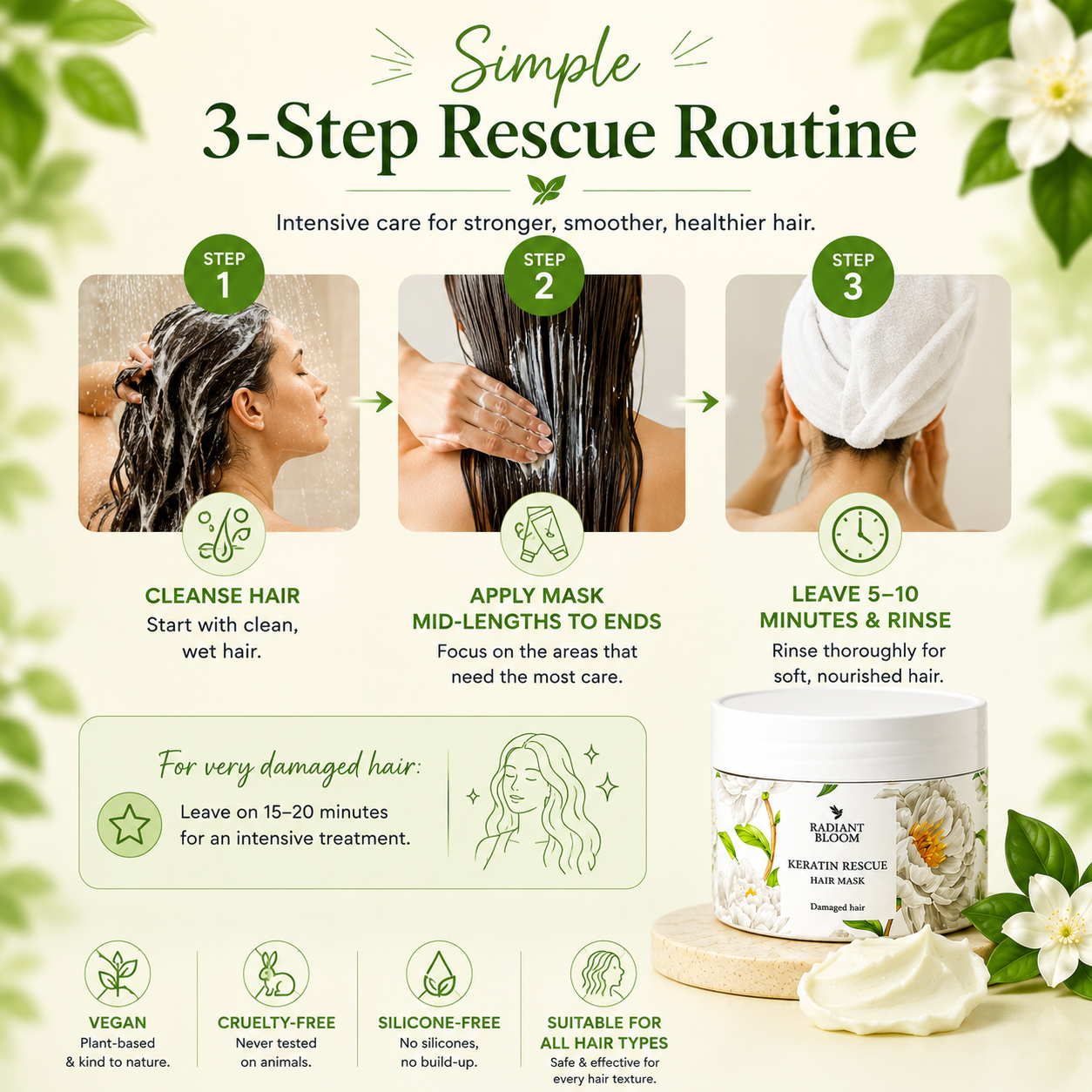 Hair care product with 3-step rescue routine illustration and product packaging.