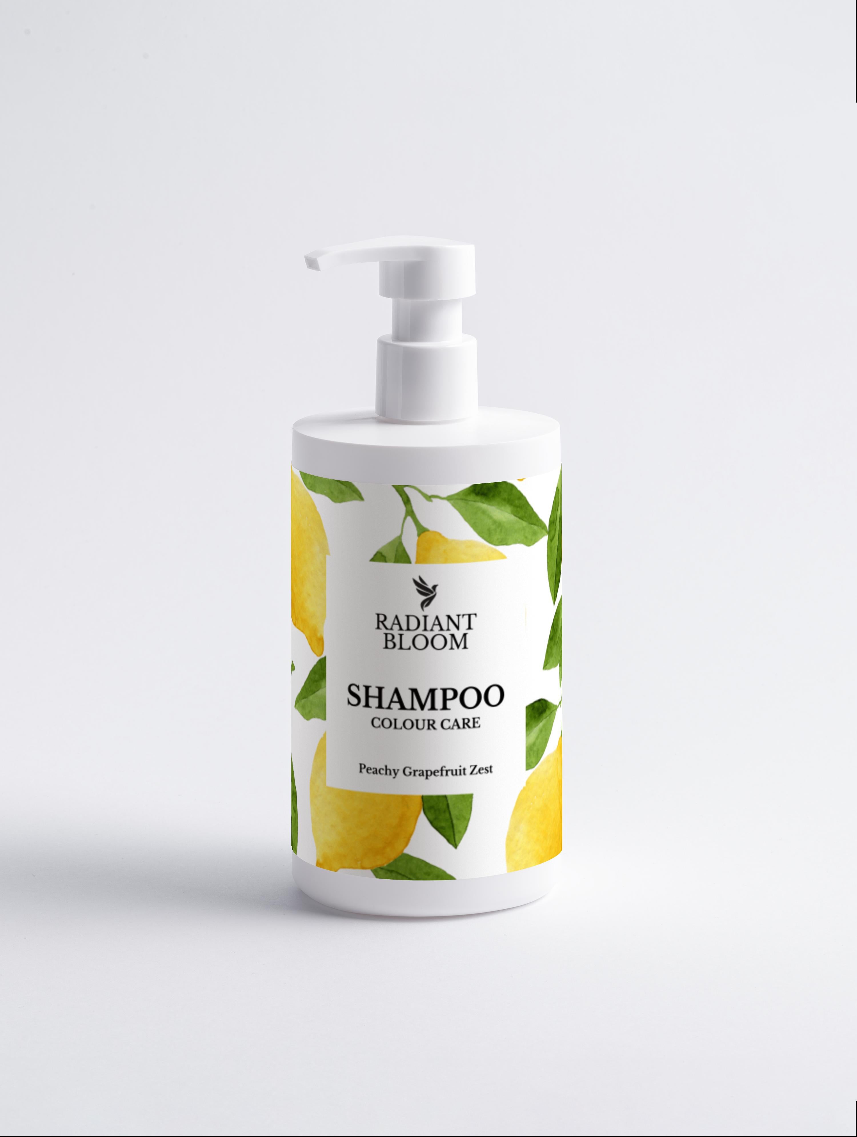 Radiant Bloom color care shampoo bottle with white pump, citrus fruit label