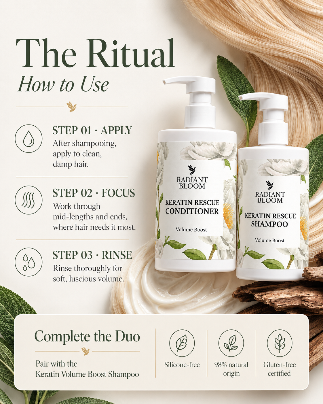 Keratin volume boost duo: two conditioner bottles with pumps and botanical label