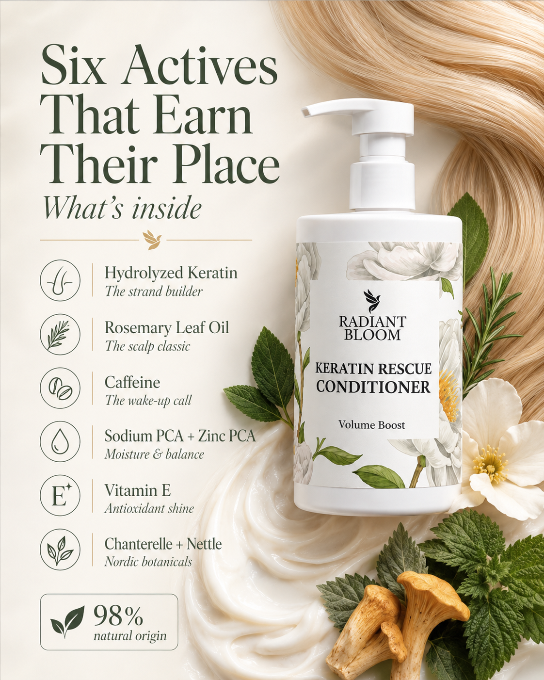 Keratin volume boost conditioner bottle with pump beside botanical ingredient icons