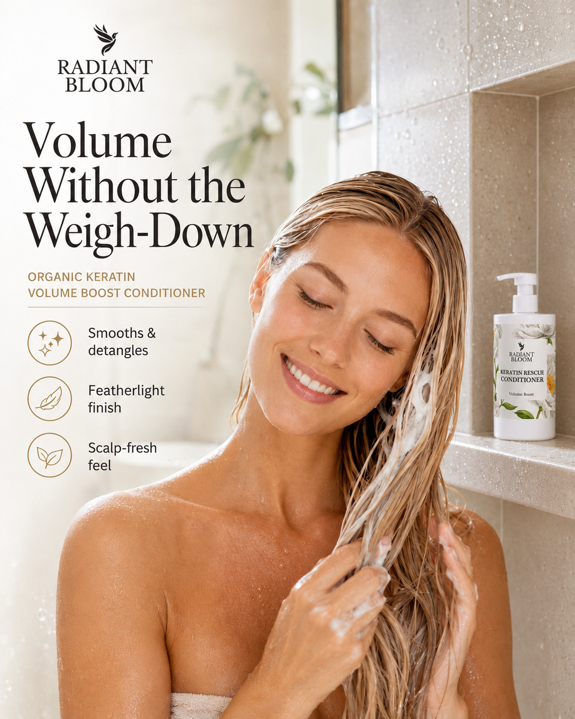Keratin volume boost conditioner bottle with pump, white floral leaf label