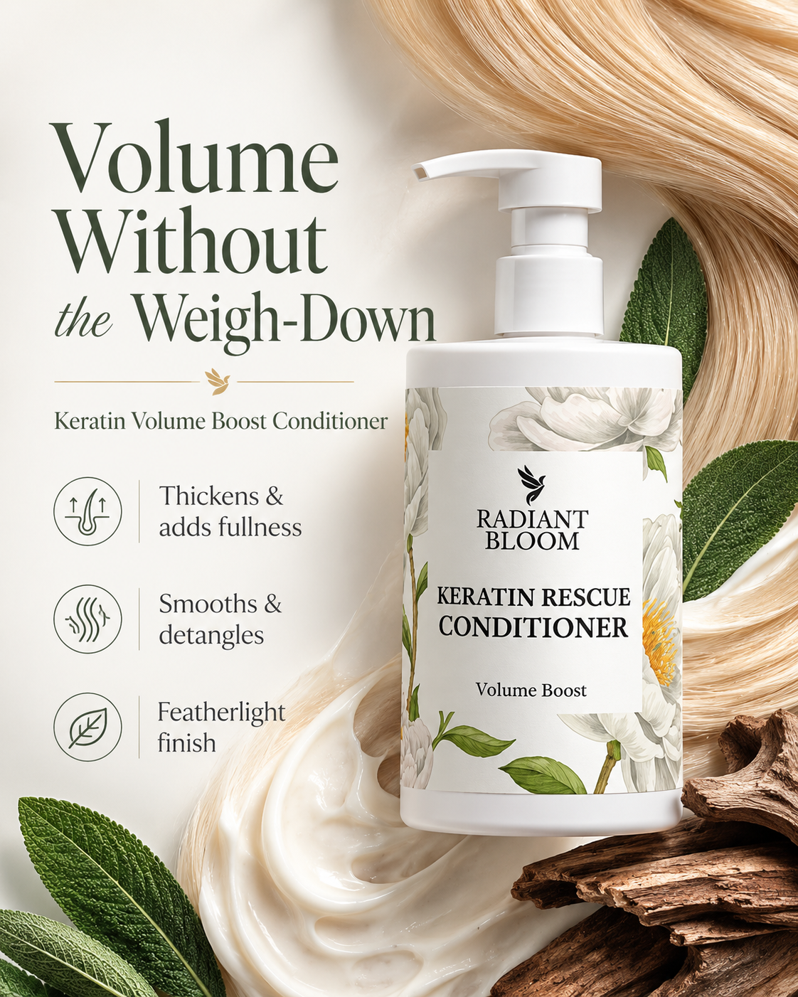 Keratin volume boost conditioner bottle with pump and botanical leaf label