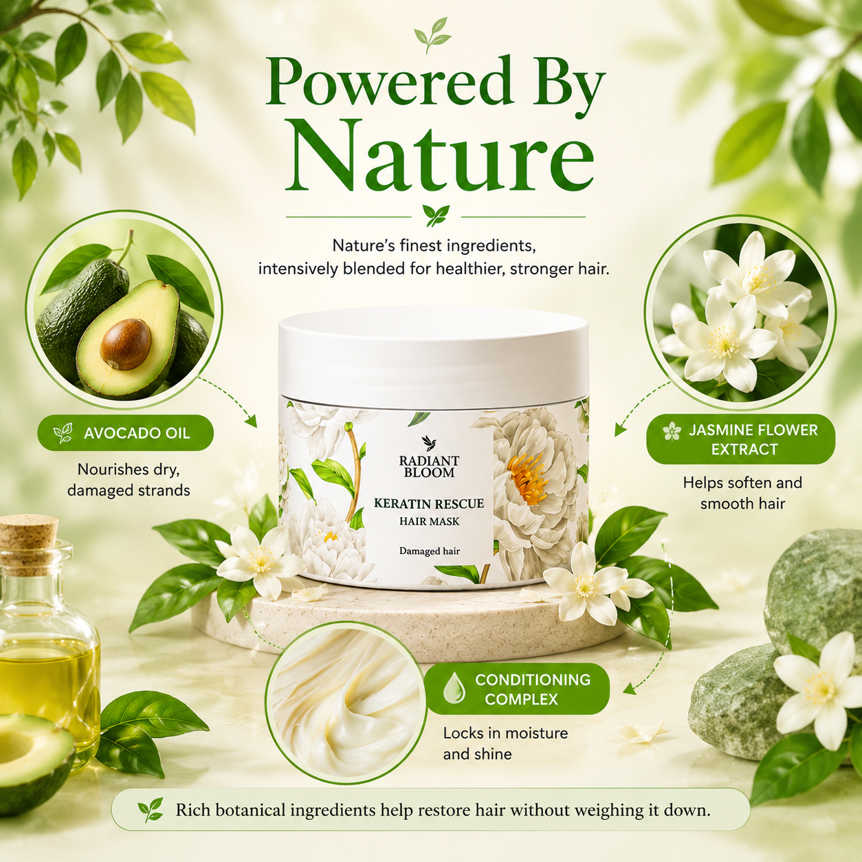 Hair mask product with natural ingredients and branding on a green background