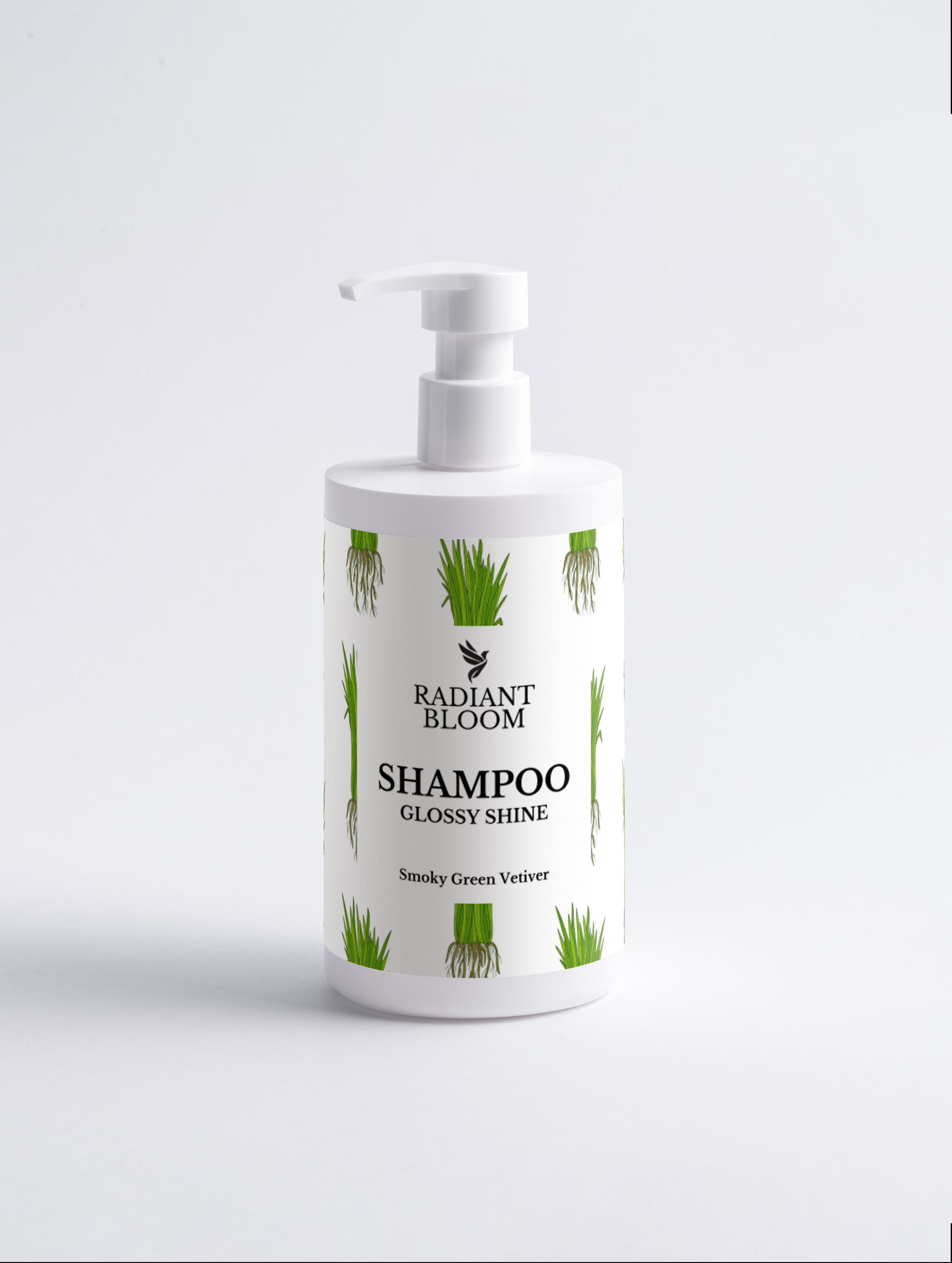 A white pump bottle of Radiant Bloom Shampoo with a glossy finish, featuring green aloe vera illustrations on the label, set against a clean white background.
