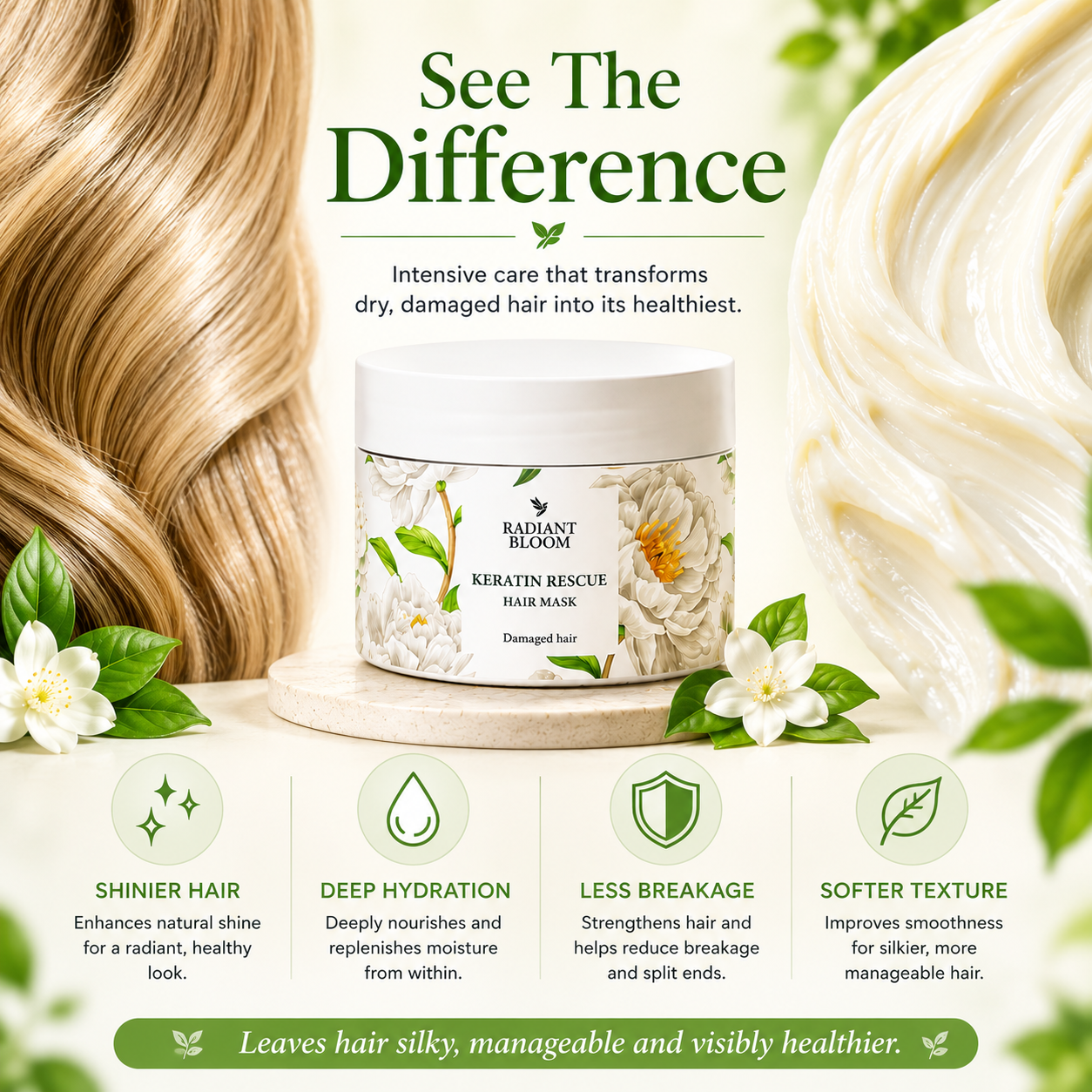 Hair care product with packaging labeled 'Radiant Bloom Keratin Rescue' surrounded by hair and floral elements.