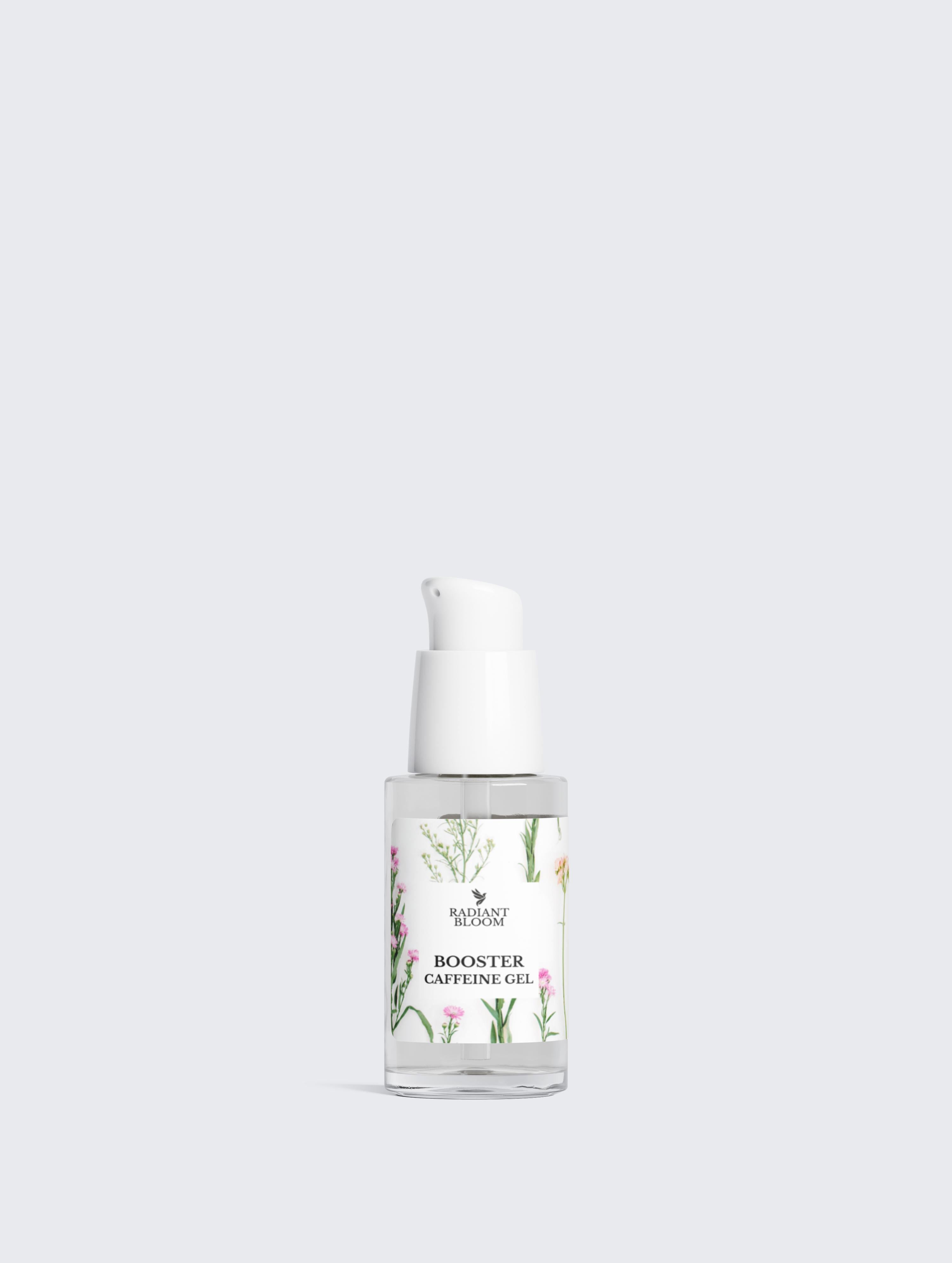 Caffeine gel booster pump bottle with floral botanical label