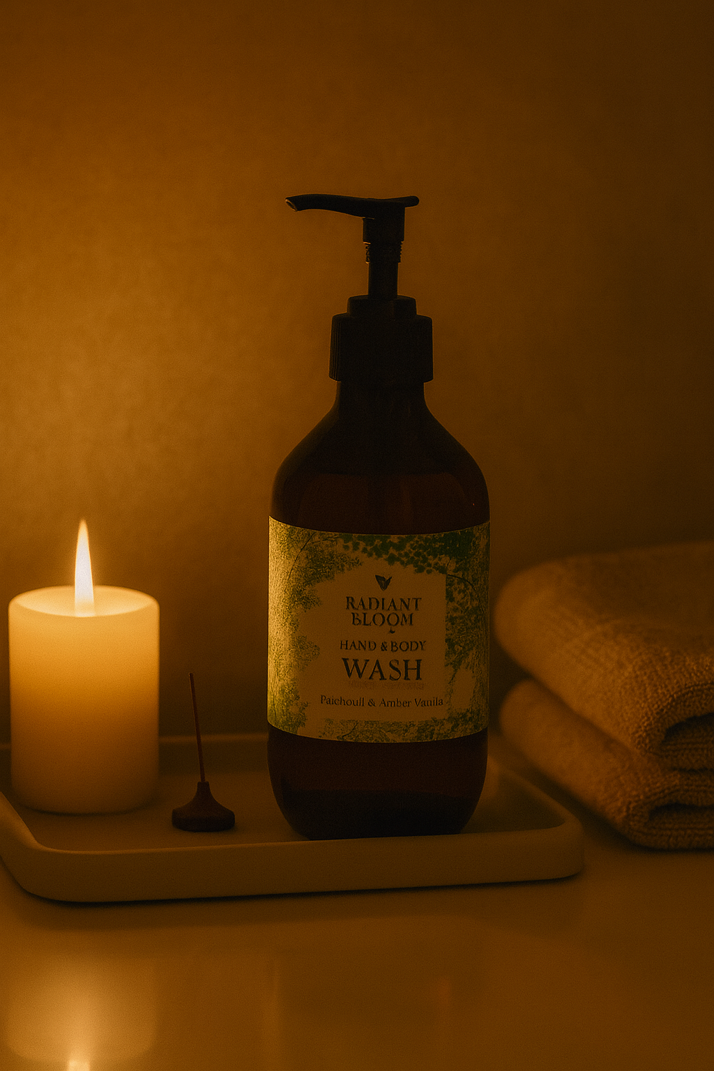 Bottle of shower gel with a candle and towel on a tray in warm lighting