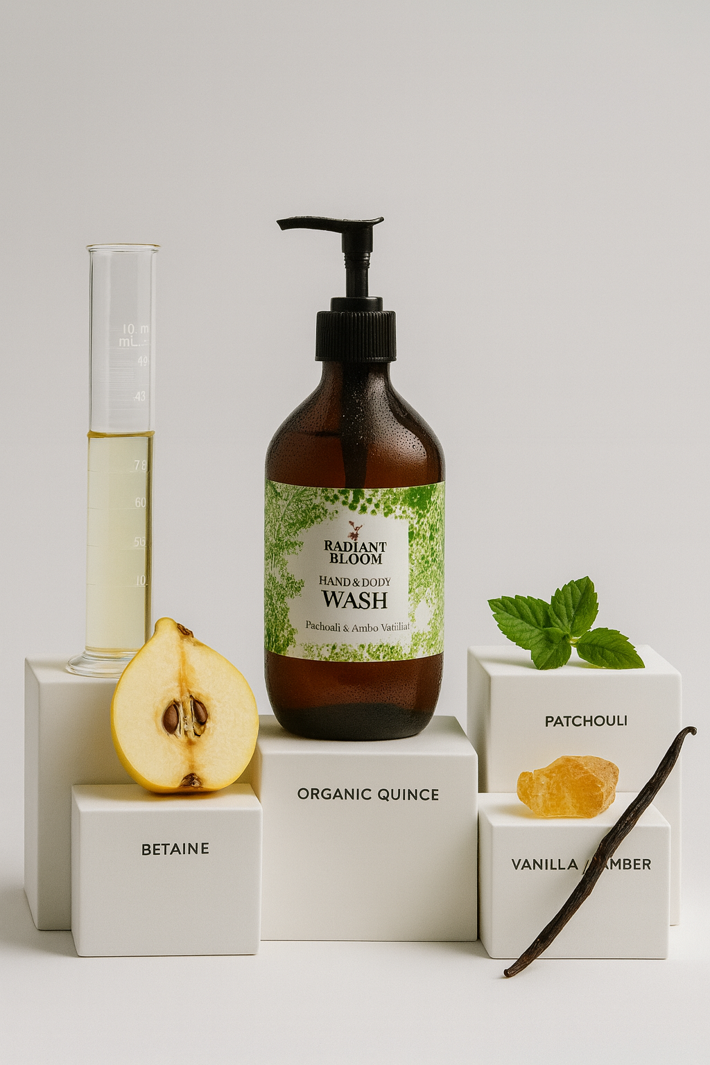 Bottle of 'Radiant Bloom' organic body wash with ingredients on a white background