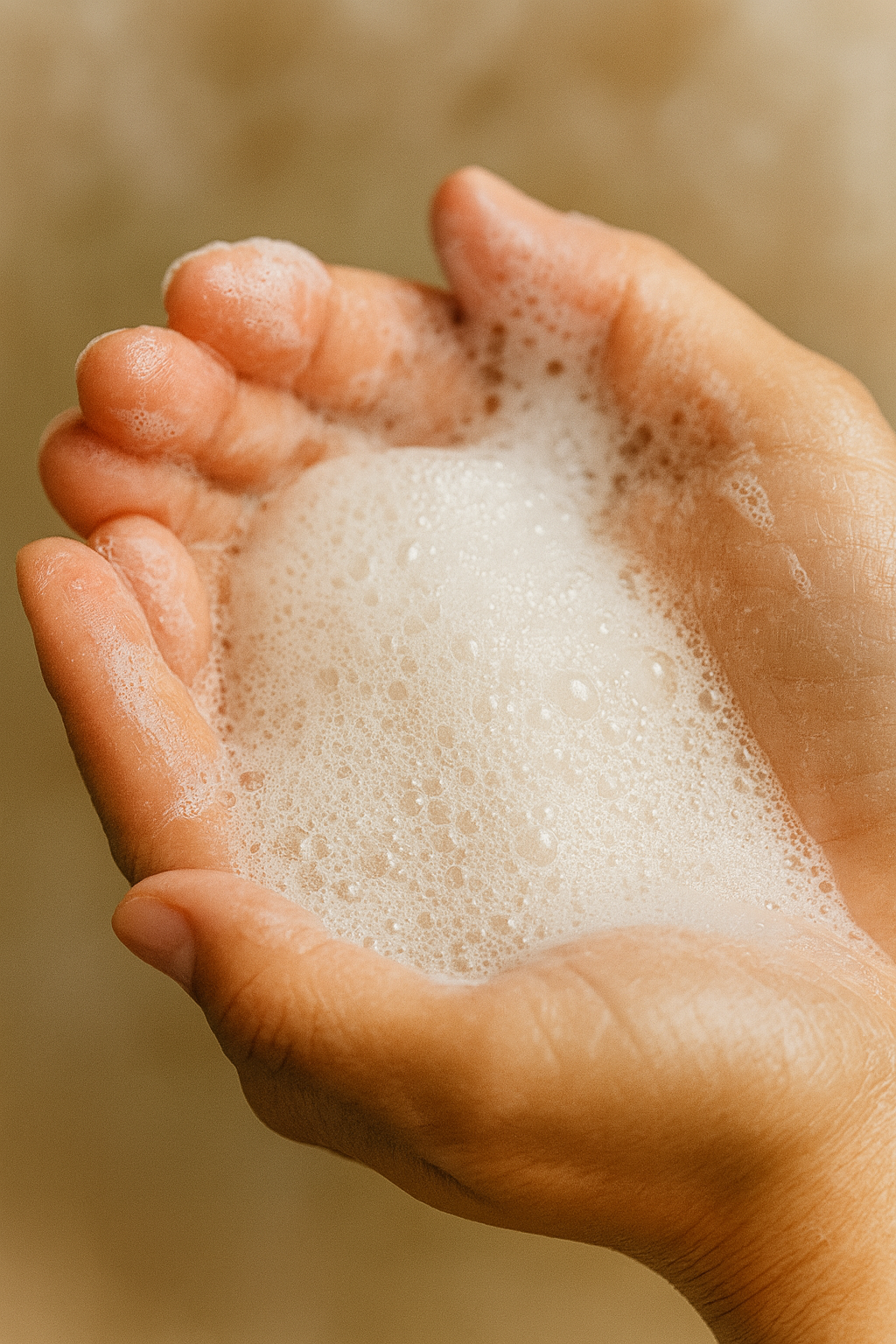 Hand holding a small amount of foamy soap