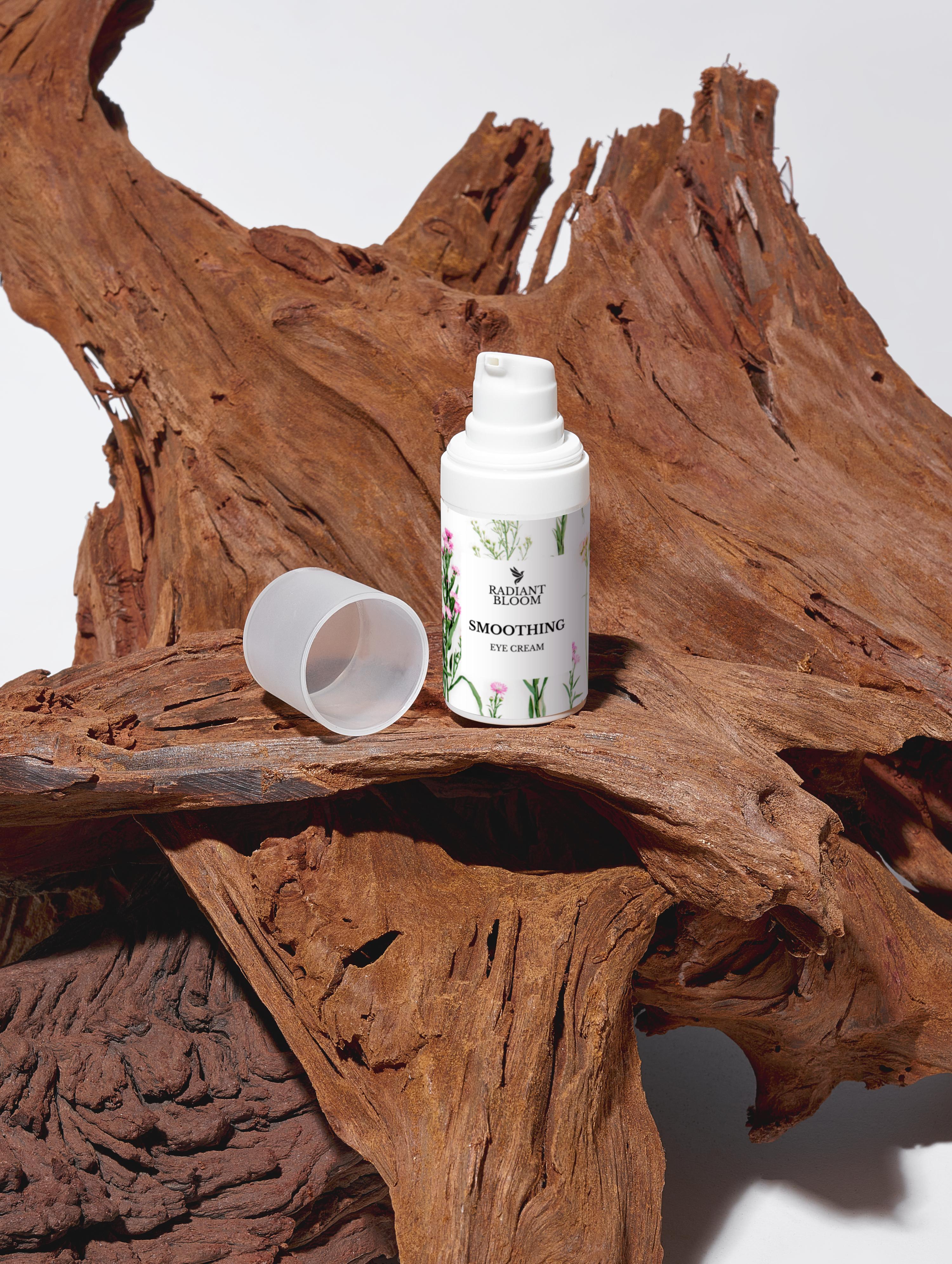 Eye cream bottle and open cap on carved wood surface, floral herb label.