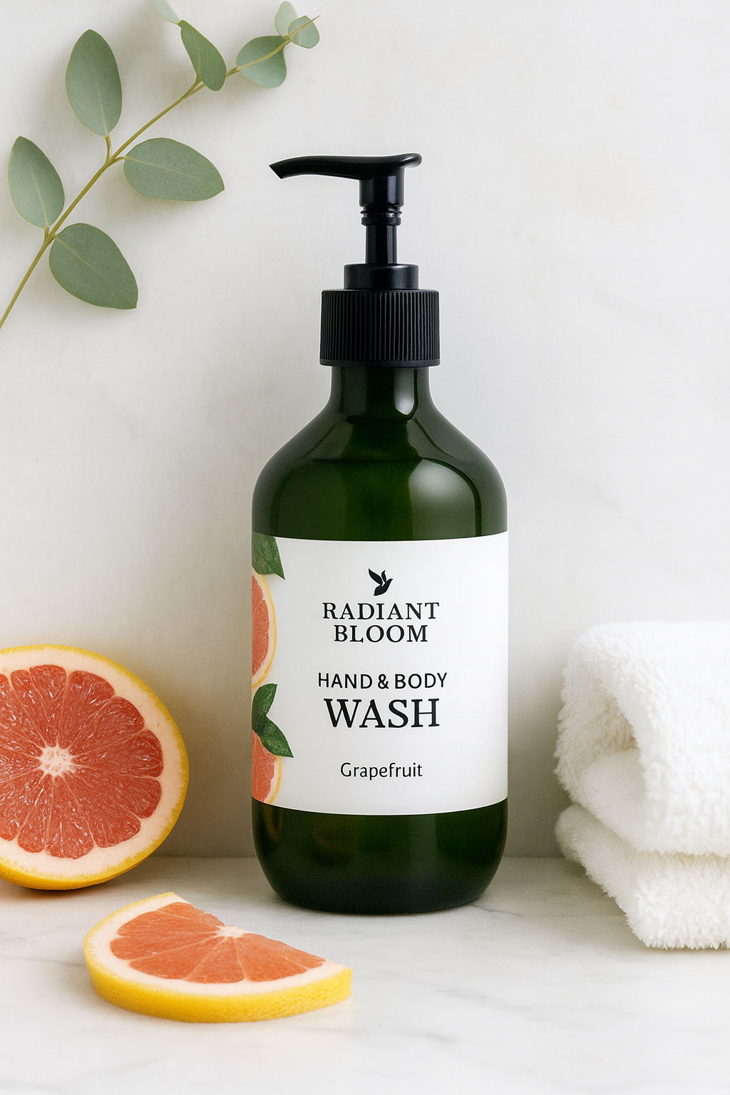 Bottle of Radiant Bloom grapefruit hand and body wash with a white background
