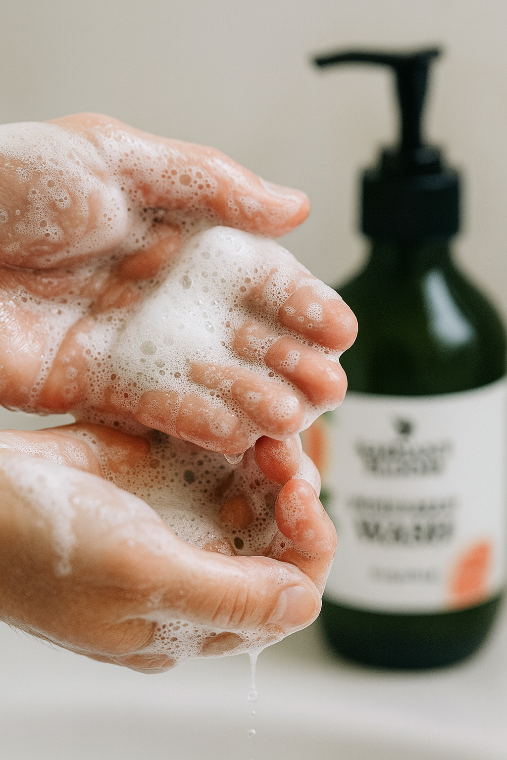 Hands being washed with soap, with a bottle of soap in the background.
