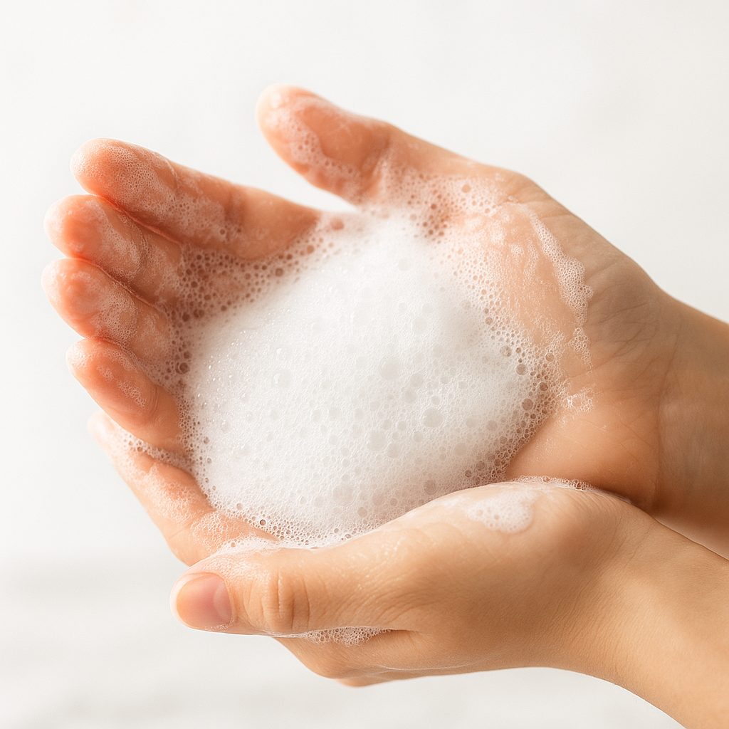 Hands holding a lathered soap bubble against a white background
