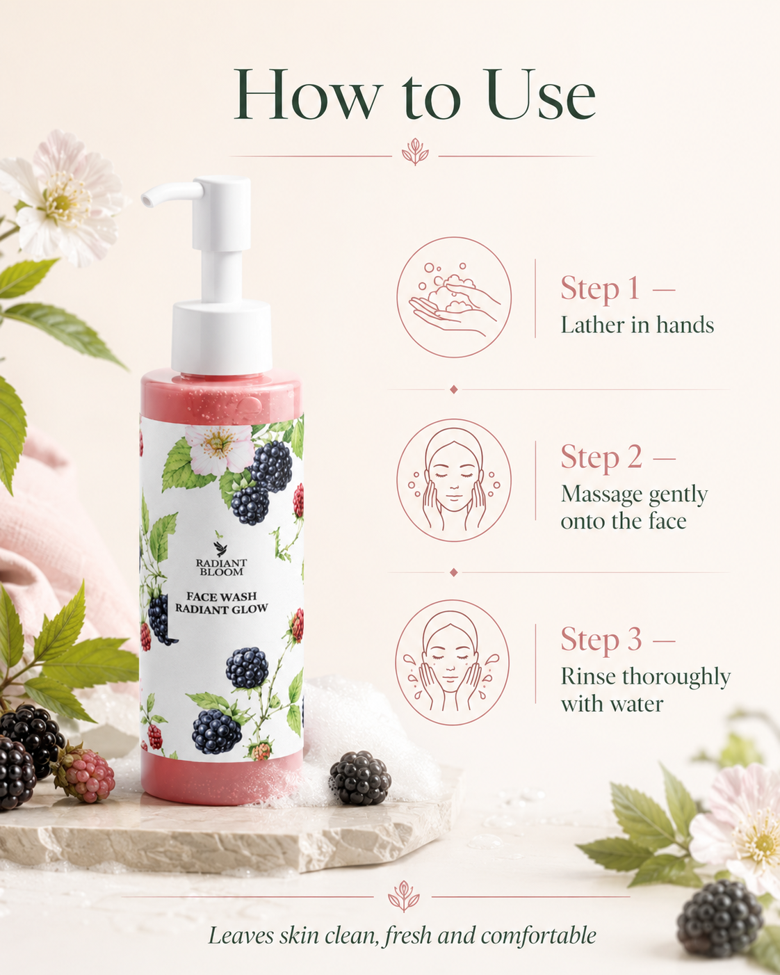 A pump bottle of Radiant Glow Face Mask Radiant Glow Face Mask with blackberries and raspberries on the label, displayed on a marble slab with flowers and blackberries. The right side features a 'How to Use' guide with three illustrated steps on a light cream background.