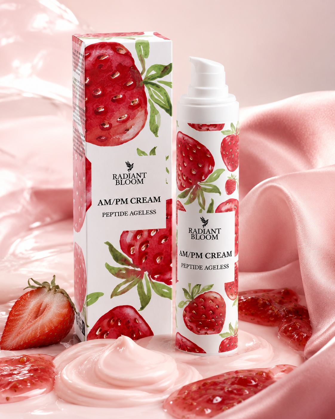 Radiant Bloom AM/PM Cream pump bottle and matching box, both decorated with a red strawberry and green leaf pattern, set against a soft pink satin background with strawberry slices and cream swirls.