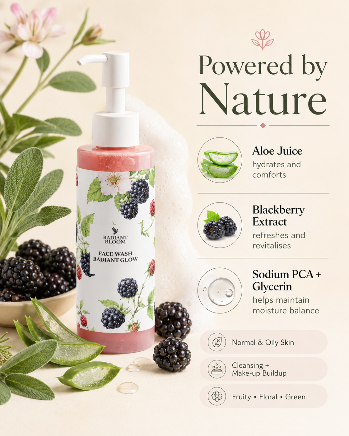 A pump bottle of Radiant Bliss Facewash 'Miraculous Glow' with a floral label, styled with blackberries, aloe vera, and a white towel on a beige background with text detailing its ingredients and benefits.