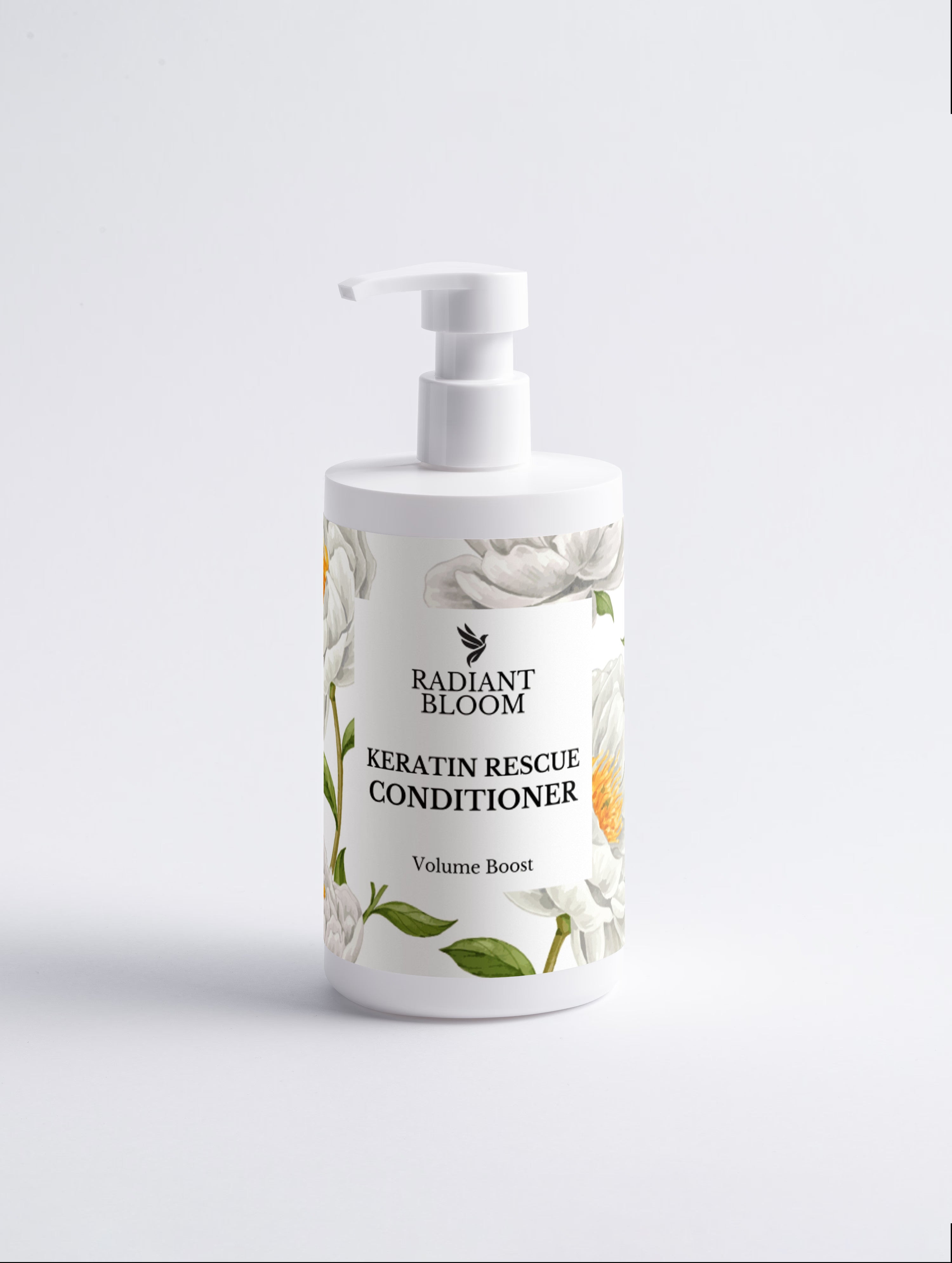 A white pump bottle of Radiant Bloom Keratin Rescue Conditioner with a white label decorated with white flowers and green leaves, set against a clean white background.