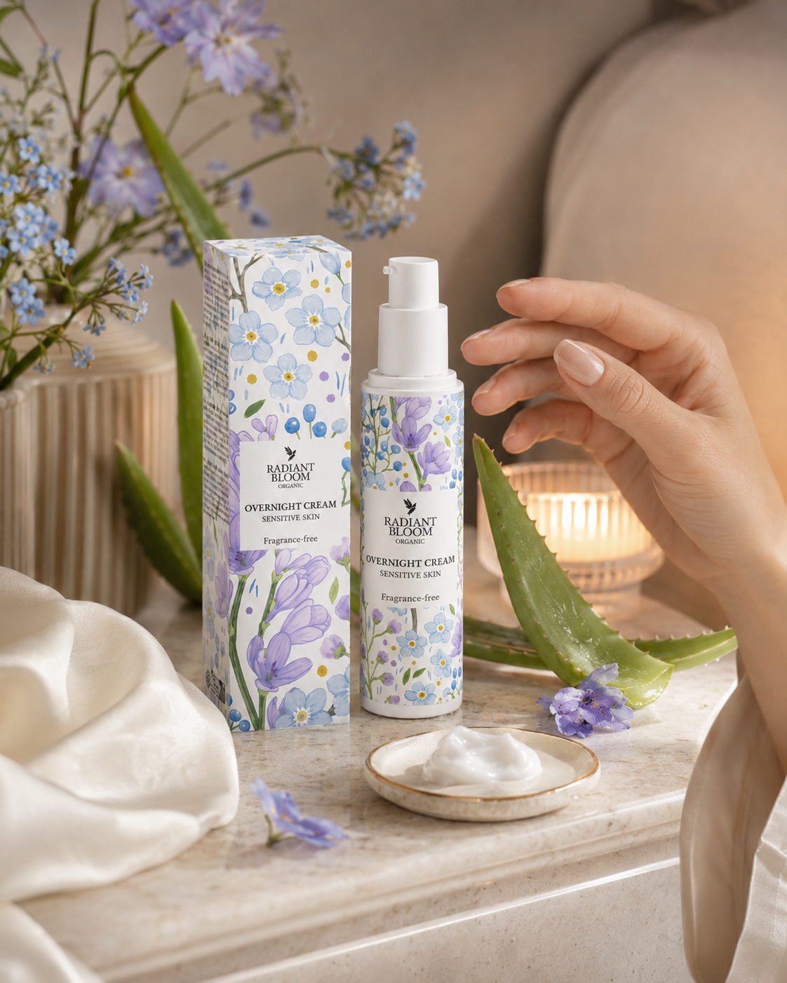 Cosmetic products with floral design on a wooden surface with flowers and a towel in the background