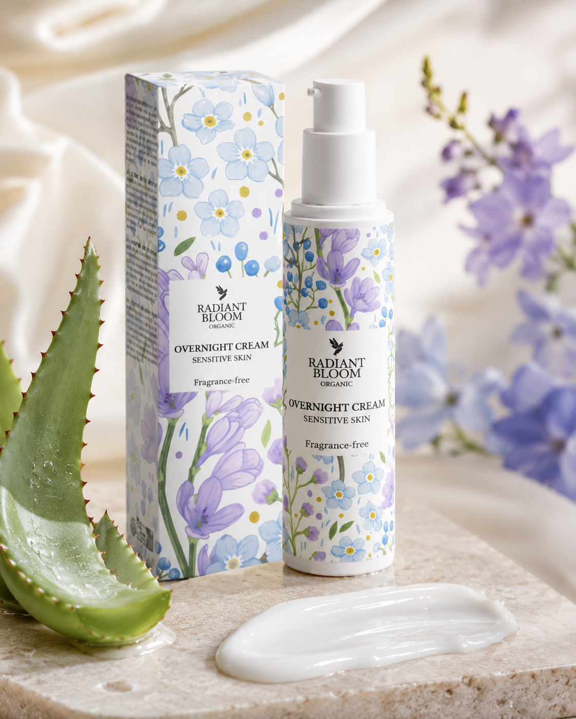 Radiant Bloom Overnight Cream with packaging and aloe vera leaf on a light background