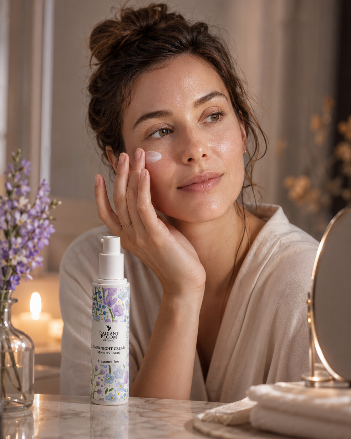 Woman applying facial cream with a bottle of Nature Republic product on a table.