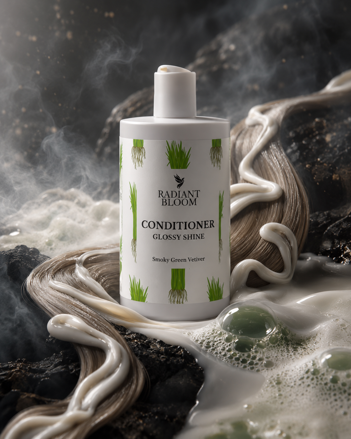 A bottle of Radiant Bloom Conditioner Glossy Shine stands centered on a dark, smoky background with styled hair strands and creamy product foam around it.