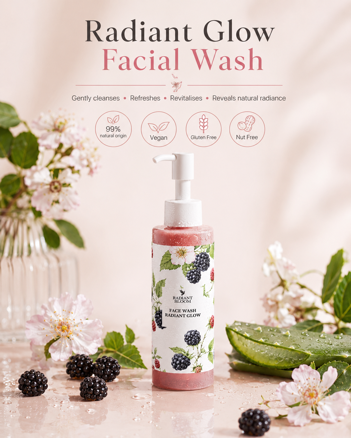 A bottle of Radiant Glow Facial Wash by The Beauty Shop of London, styled on a light beige surface with blackberries, flowers, and aloe vera. The product features a white pump dispenser and a label decorated with blackberries and white flowers.