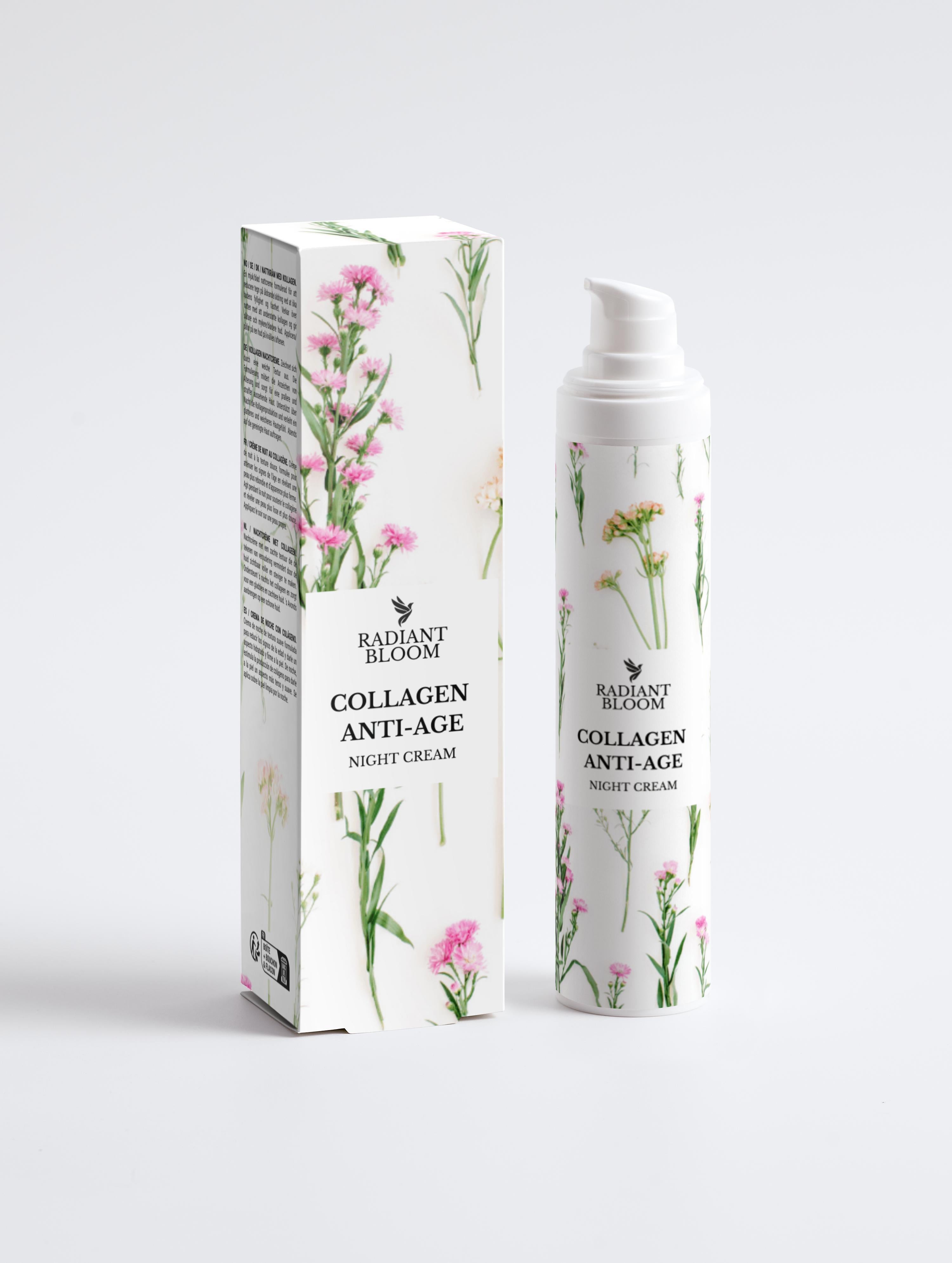 Radiant Bloom collagen anti-age night cream bottle with pump and front box, 50ml