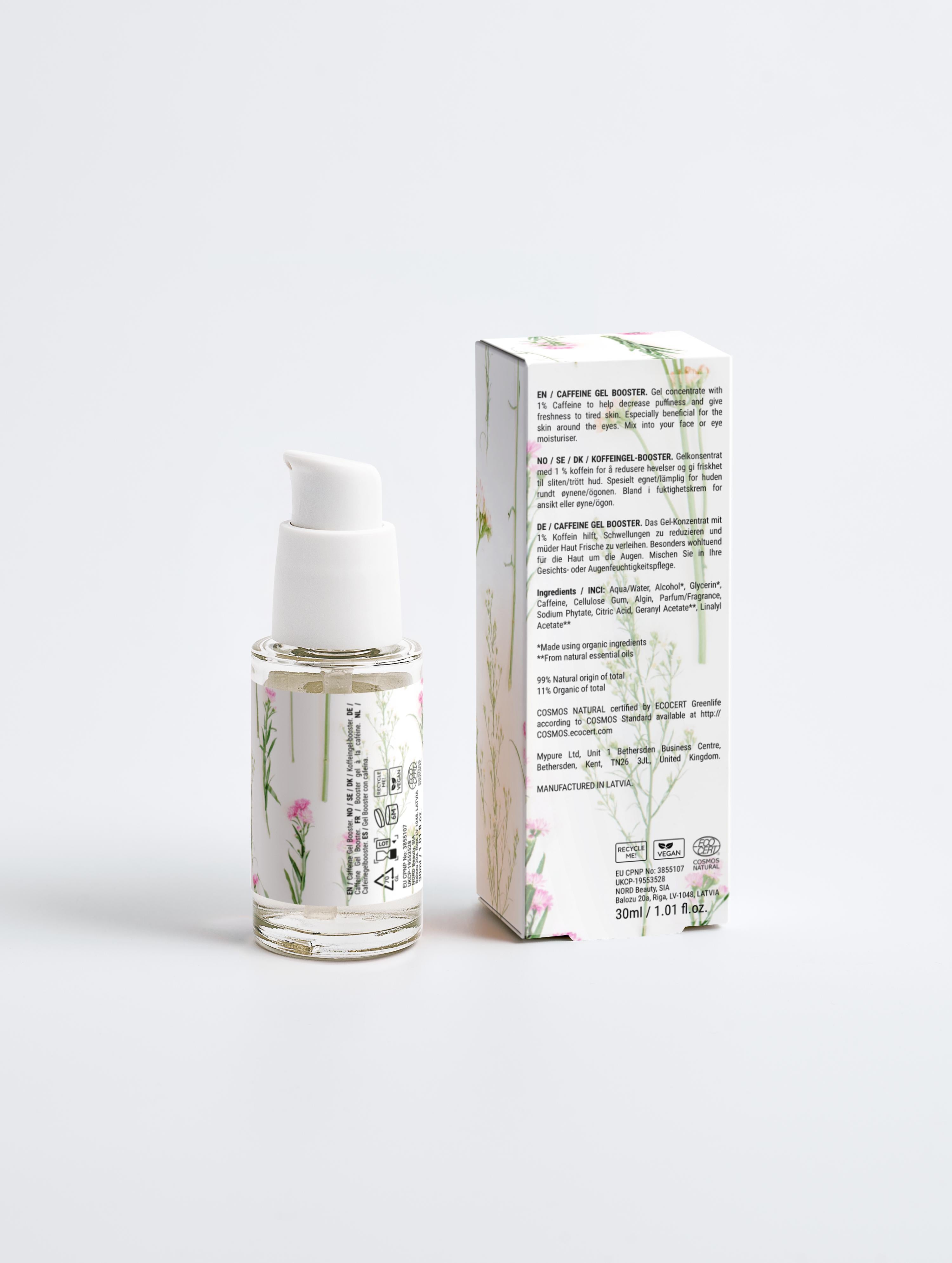Caffeine gel booster bottle with pump beside boxed back label, botanical prints