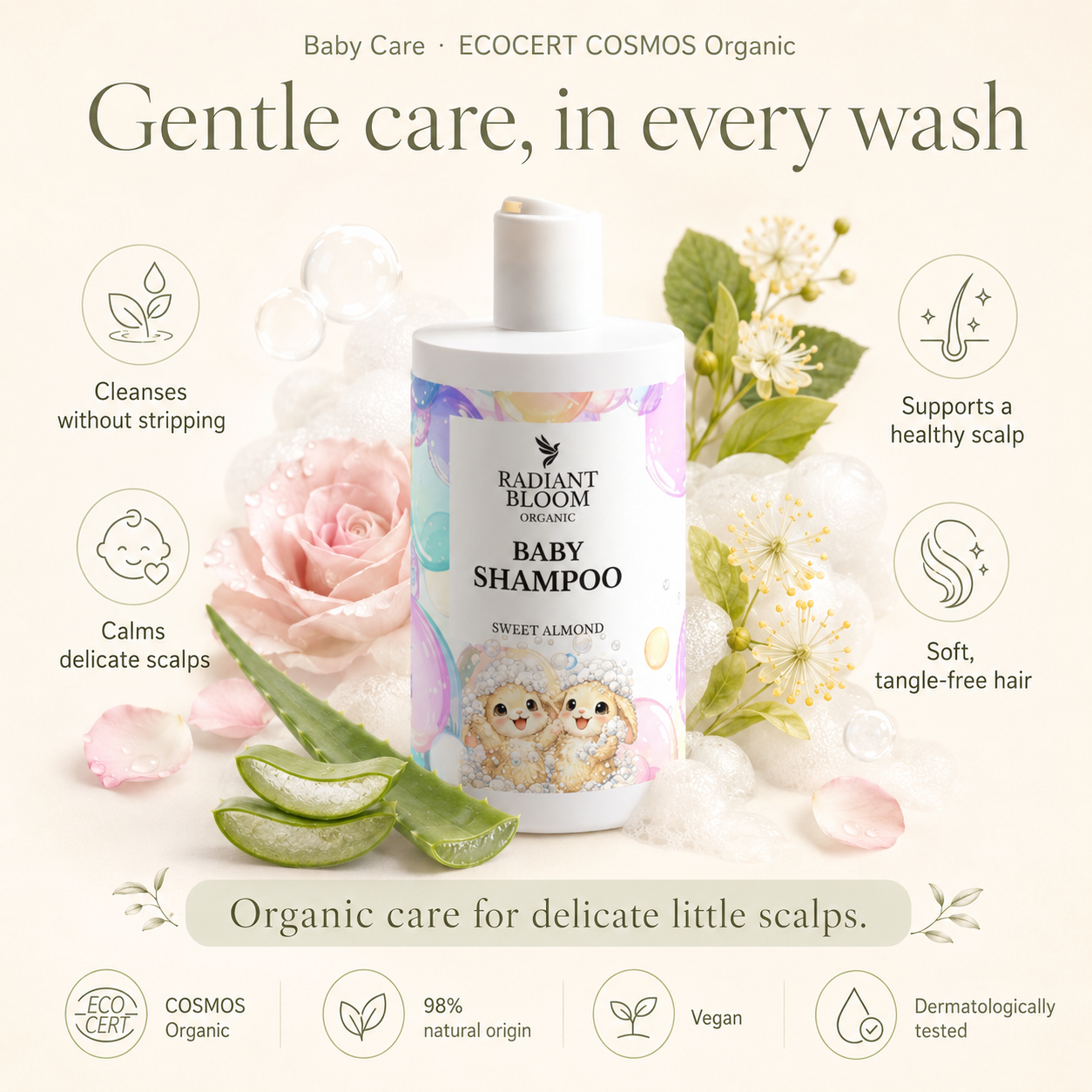 Radiant Bloom Organic Baby Shampoo bottle with floral and aloe vera elements on a light background