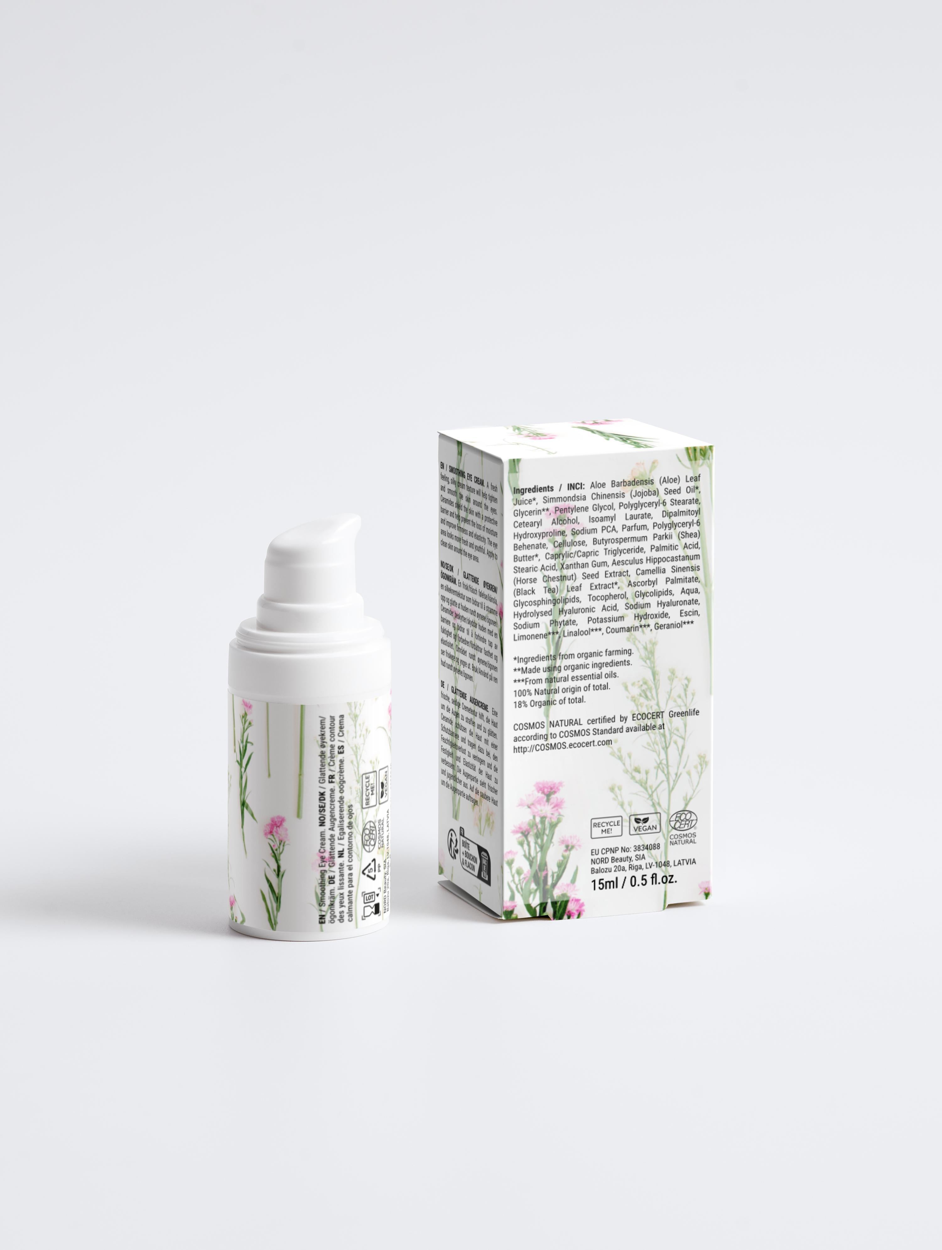 Eye cream bottle and carton package shown from back/side, floral botanical print.