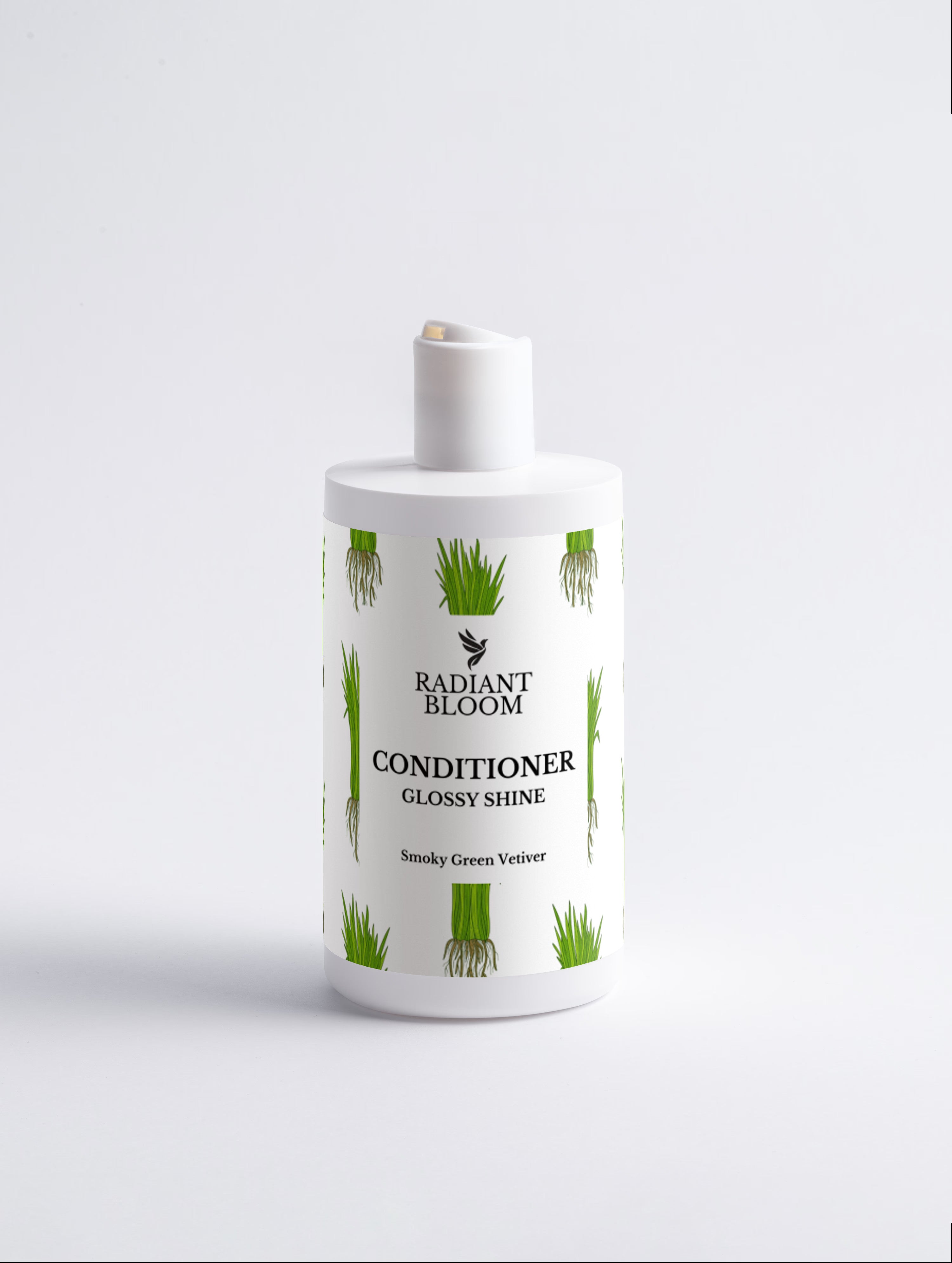 A white bottle of Radiant Bloom Conditioner in Smoky Green Vein vetiver scent, featuring green aloe vera illustrations on a clean white background.