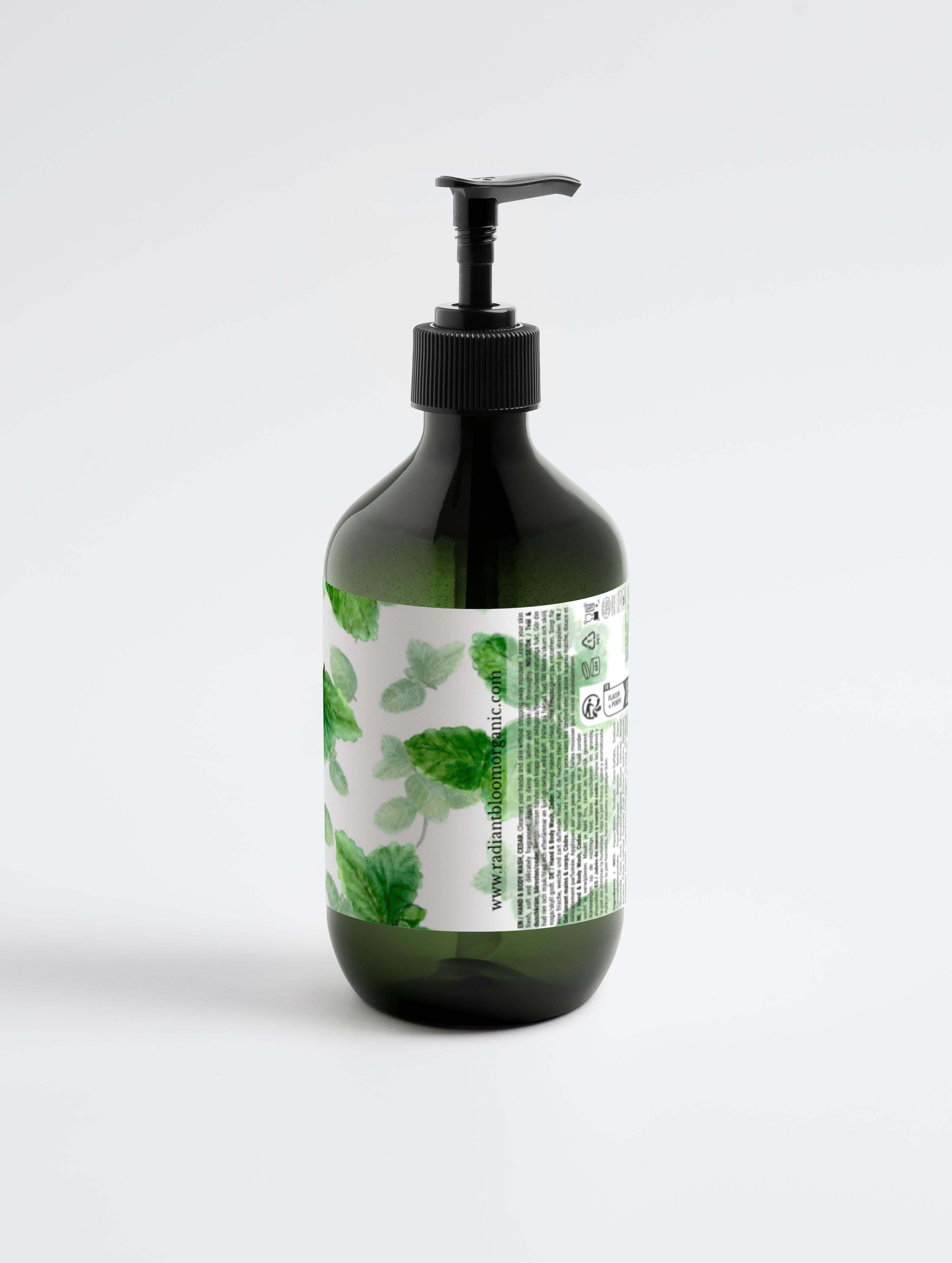 Bottle with a green label featuring leaves on a white background