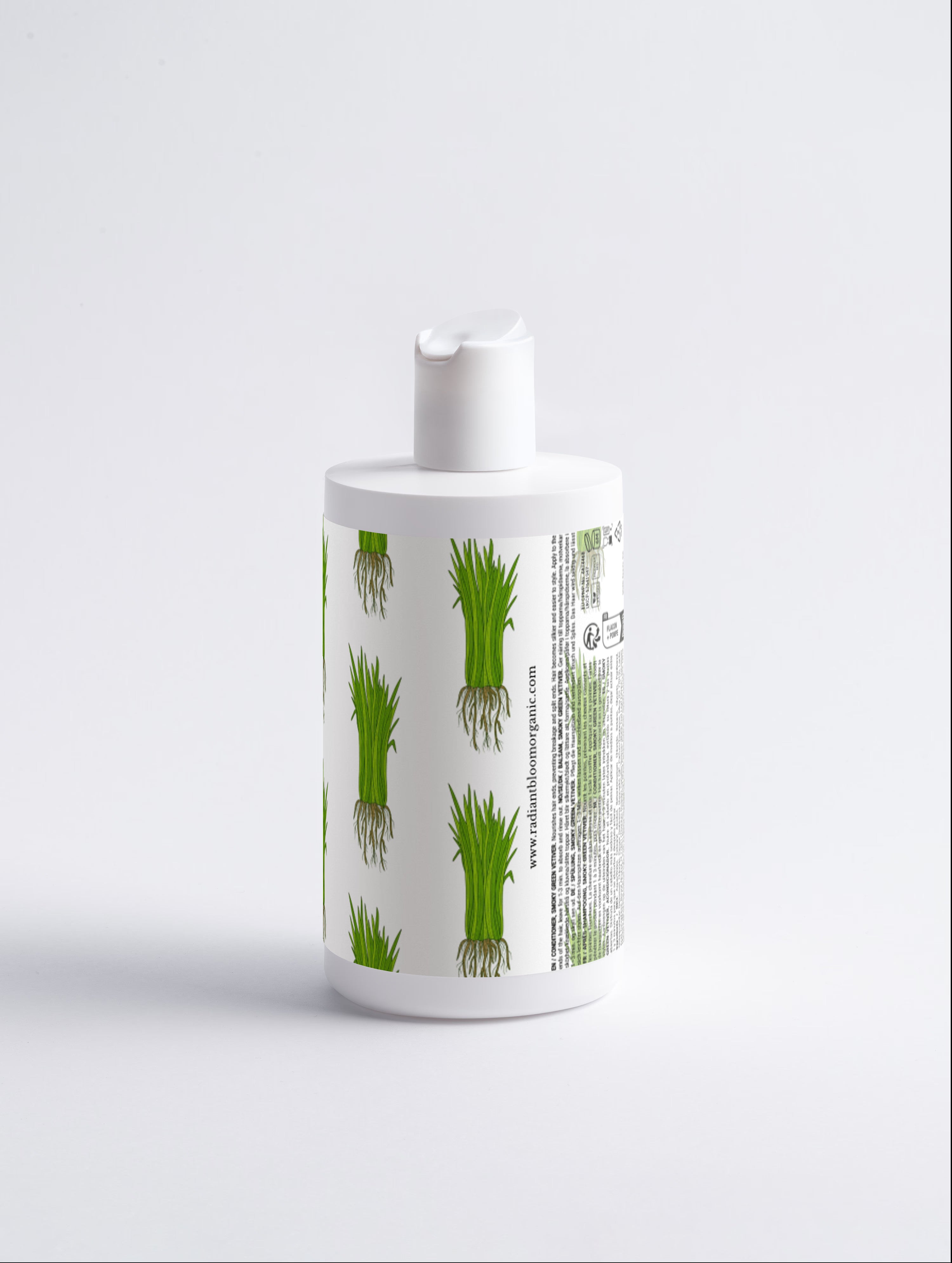 A white plastic pump bottle with a flip-top cap, featuring a repeating green grass-like botanical pattern on the label, set against a clean white background.
