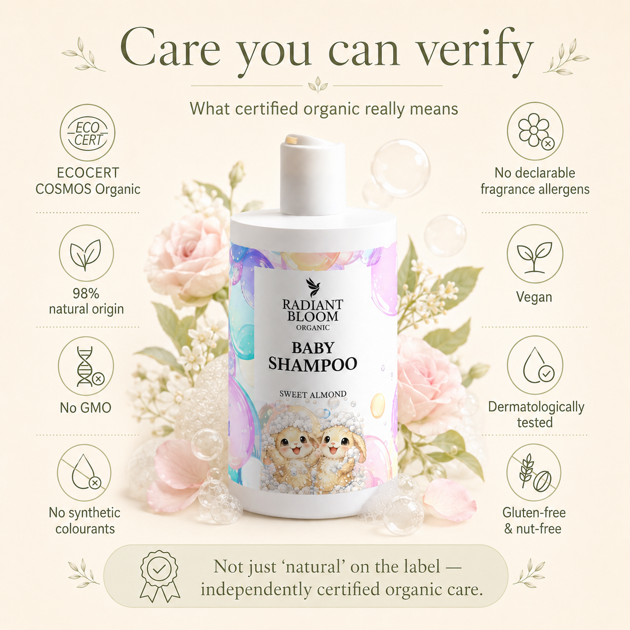 Radiant Bloom baby shampoo bottle with certification icons and floral background