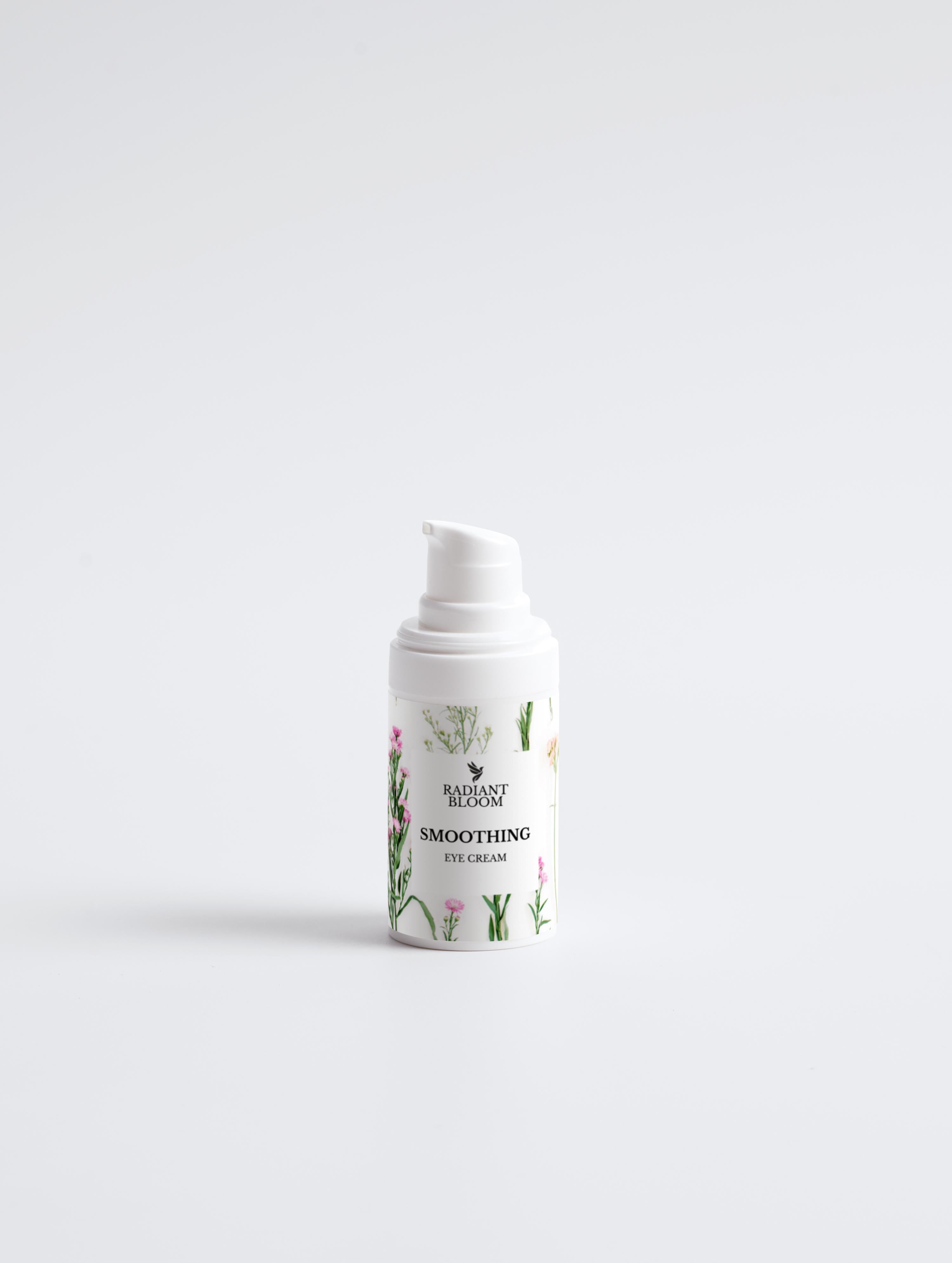 Smoothing eye cream bottle with pump and floral botanical label